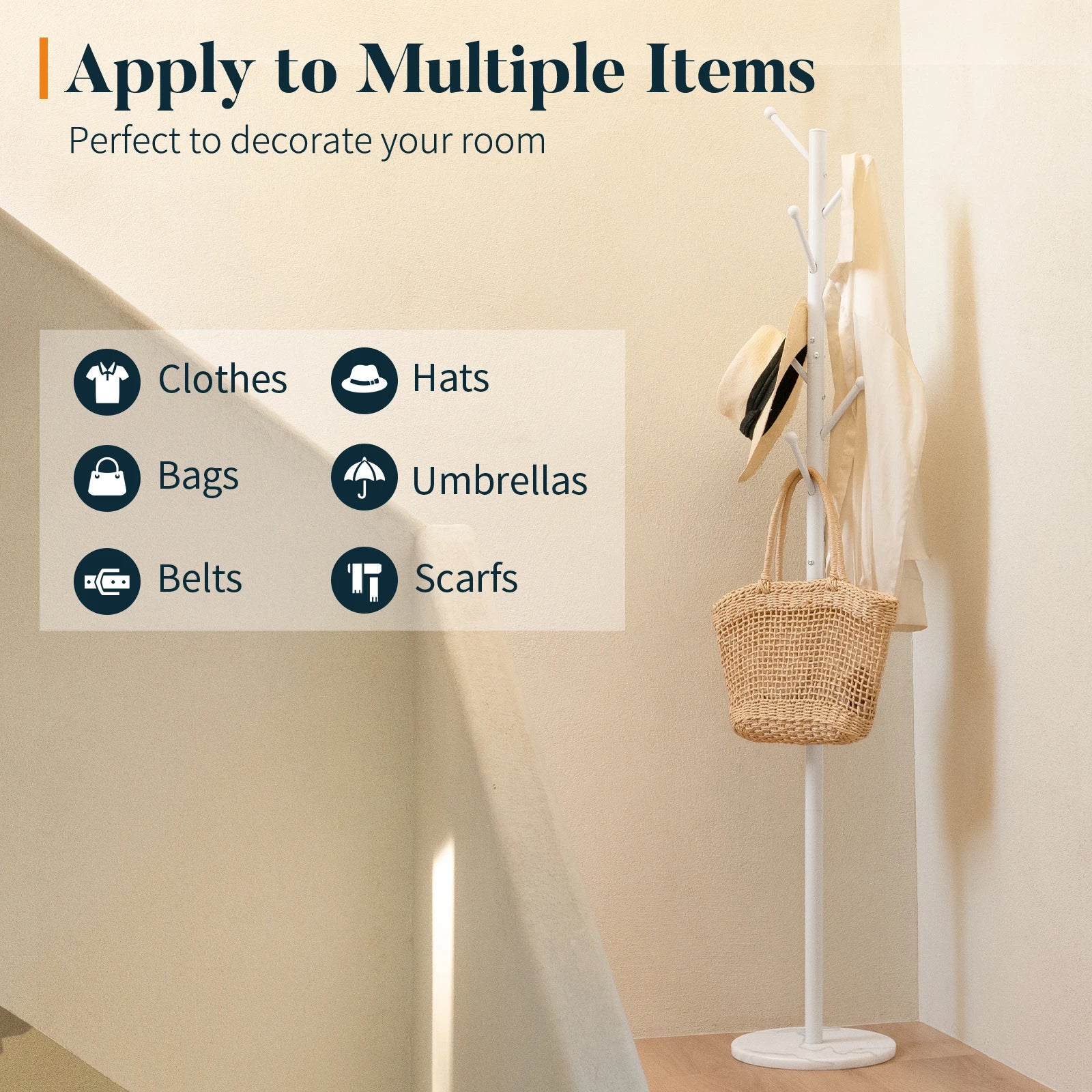 Coat Rack Freestanding with Natural Marble Base, Coat Tree with 8 Hooks, Metal Hall Tree for Jacket, Hat, Bag, Coat Hanger Stand for Entryway
