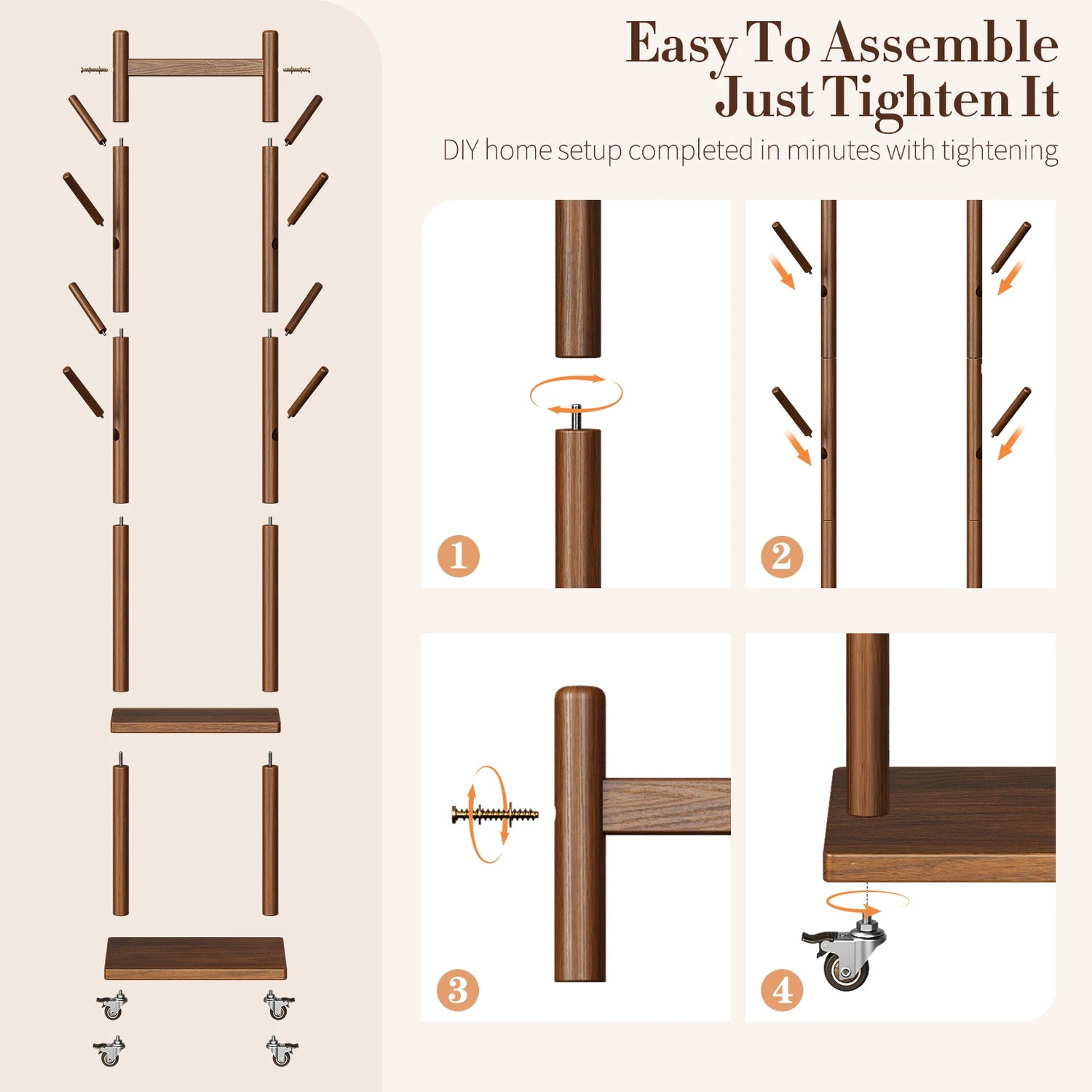 Solid Wood Coat Rack Freestanding, Rolling Clothes Rack with Wheels, Clothing Rack with 8 Hooks &amp; Shelevs, Clothing Racks for Hanging Clothes