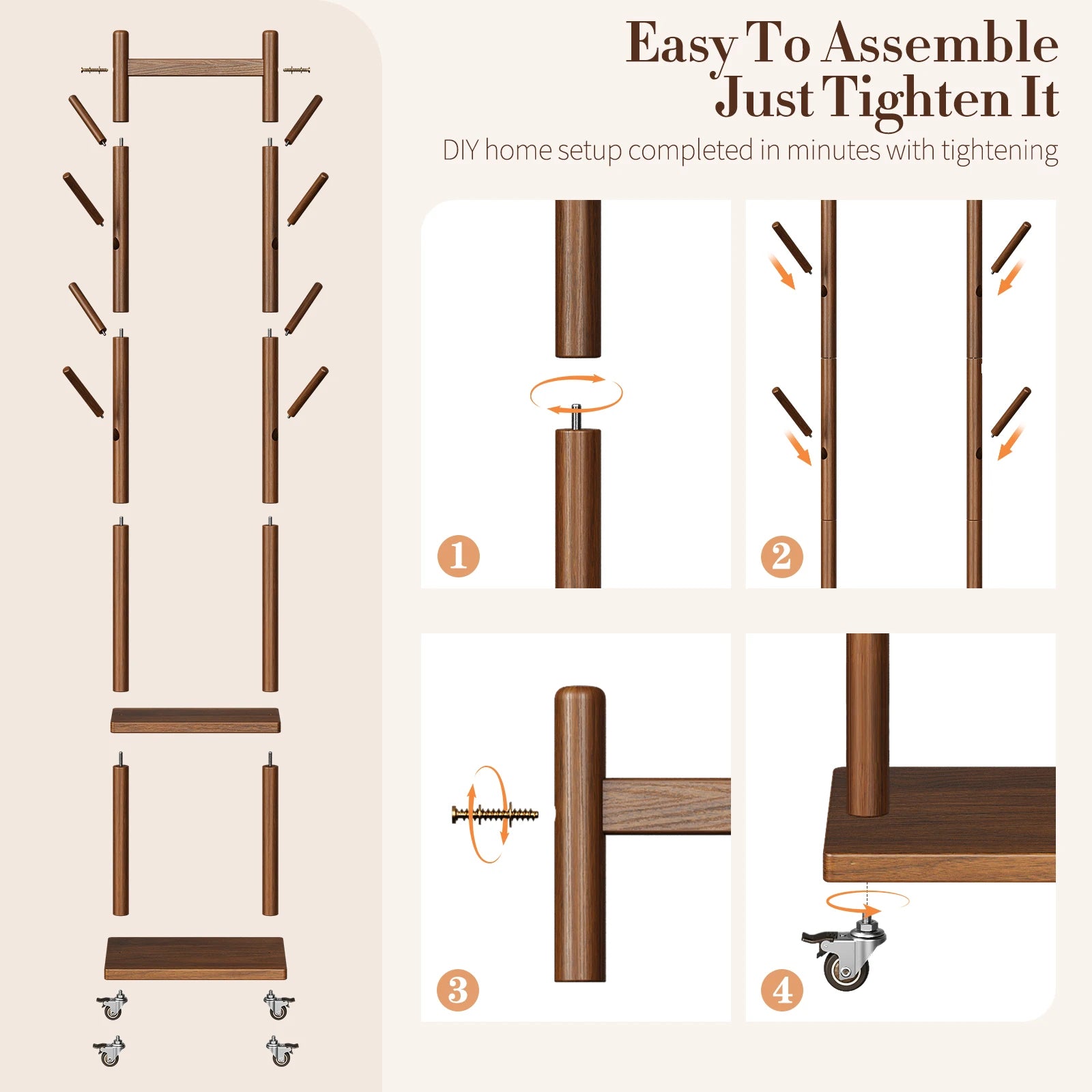 Solid Wood Coat Rack Freestanding, Rolling Clothes Rack with Wheels, Clothing Rack with 8 Hooks &amp; Shelevs, Clothing Racks for Hanging Clothes