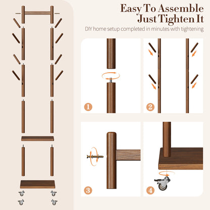 Solid Wood Coat Rack Freestanding, Rolling Clothes Rack with Wheels, Clothing Rack with 8 Hooks &amp; Shelevs, Clothing Racks for Hanging Clothes