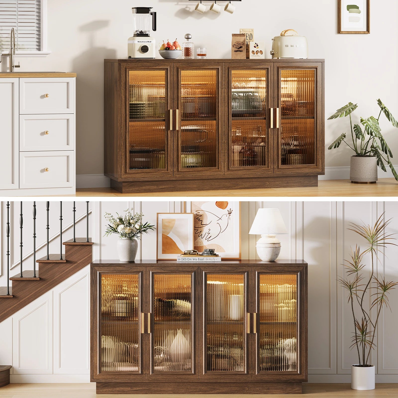 CURLA 55.1" Sideboard Buffet Cabinet with Storage,  Wood Kitchen Cabinet with 4 Fluted Doors, Large Buffet Table, Credenza Coffee Bar for Dining Living Room