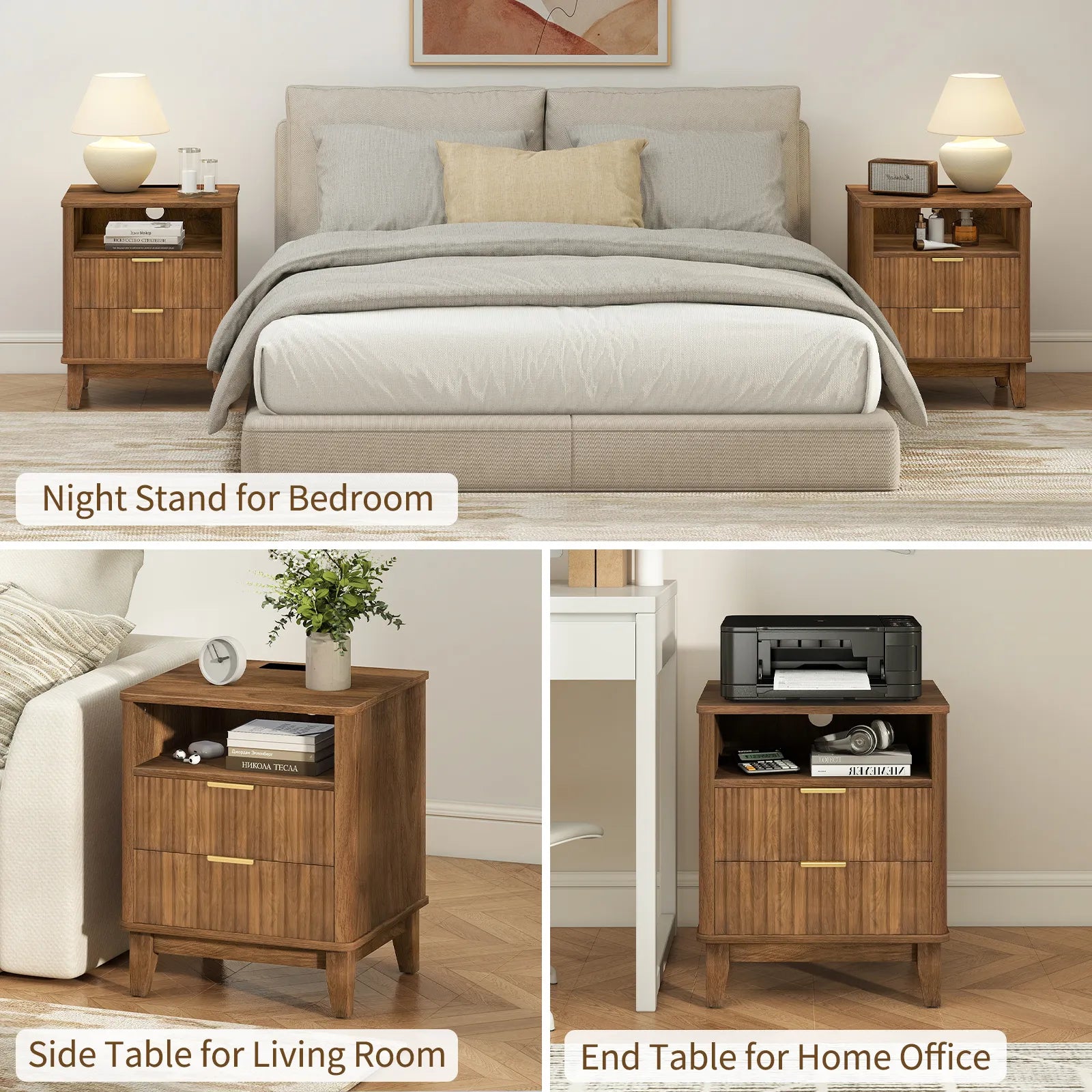 Night Stand with Charger Station, Fluted Nightstand with 2 Drawers and Storage Shelf, Mid Century Modern End Table for Bedroom Living Room