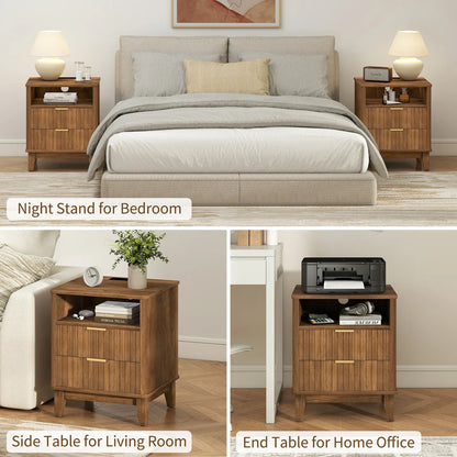 Night Stand with Charger Station, Fluted Nightstand with 2 Drawers and Storage Shelf, Mid Century Modern End Table for Bedroom Living Room