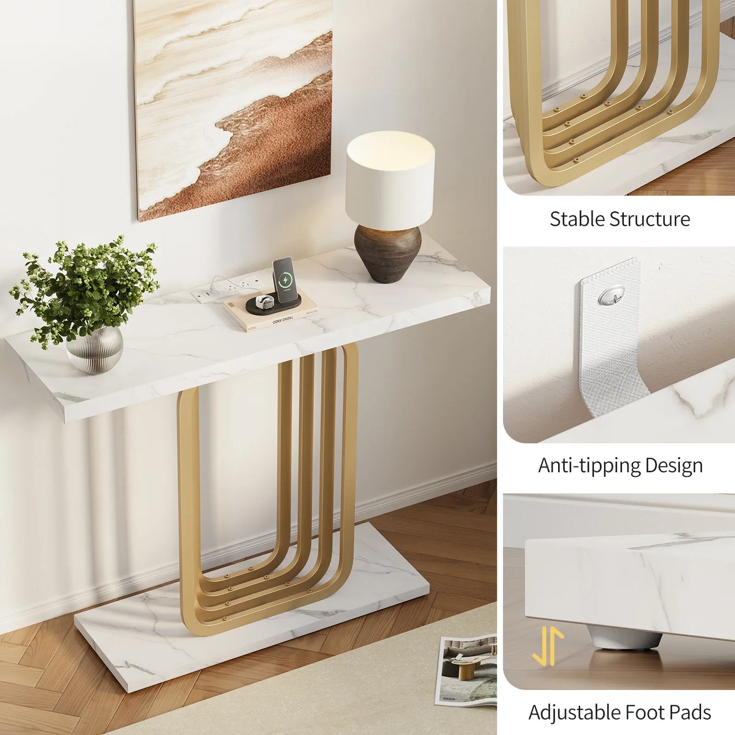 Narrow Console Table with Outlet, Industrial Entryway Table with Unique Base, Small Sofa Table, behind couch table for Entry Way Living Room,White