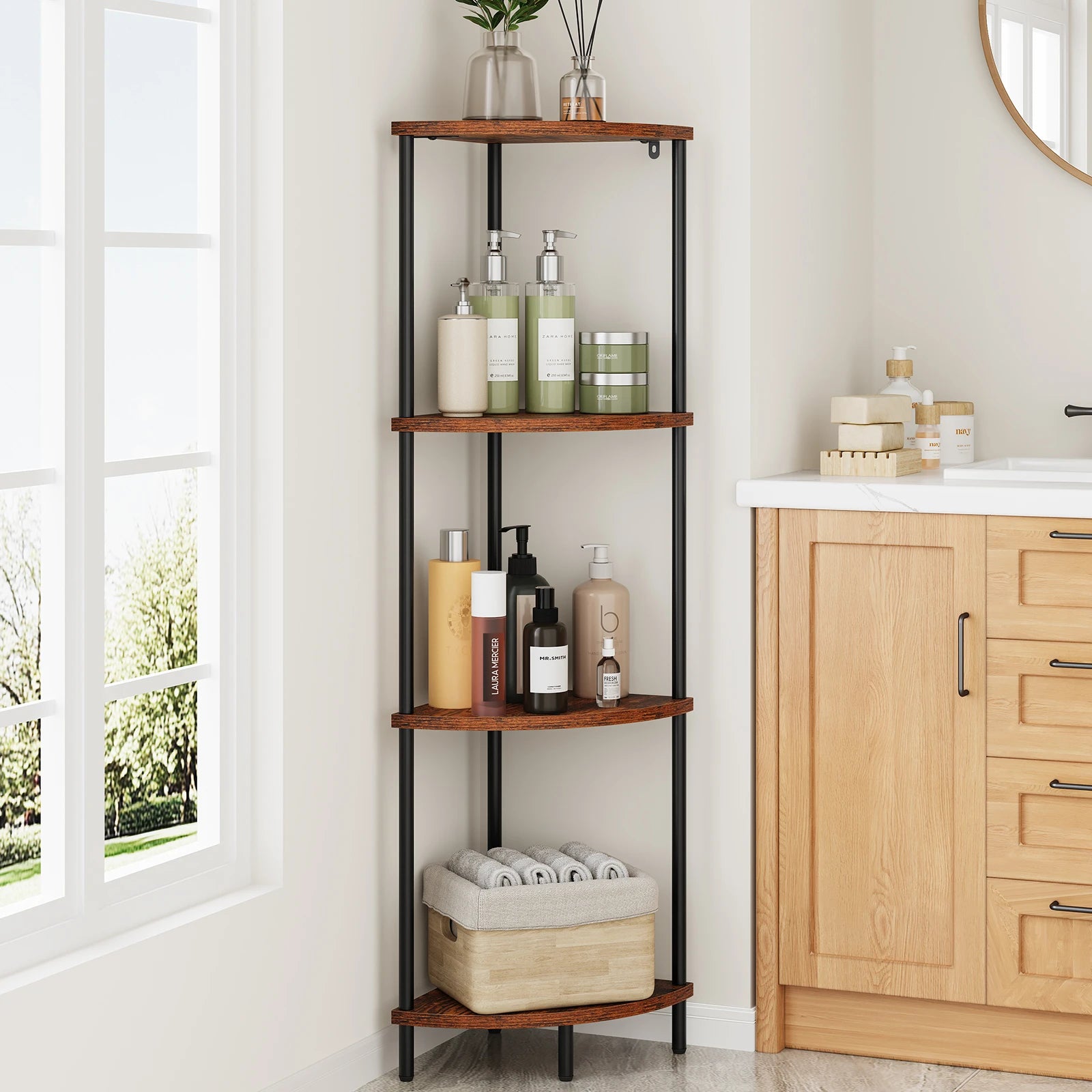 4-Tier Corner Shelf Stand, 50" Tall Corner Bookshelf Display Shelf for Bedroom, Bathroom, Living Room, Berry Brown