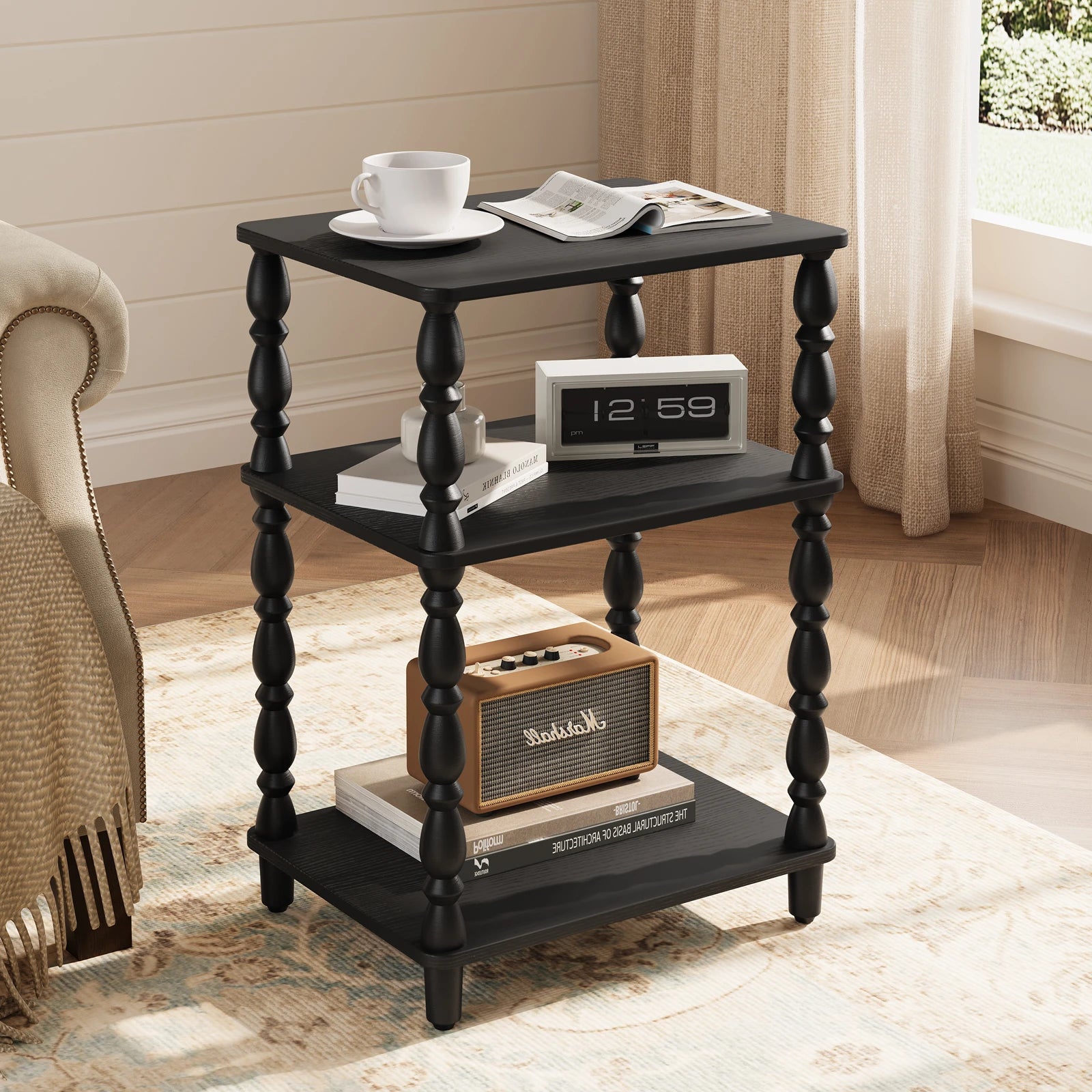 Maliowa Small Side Table with 3-Tier Shelf, Narrow Wood End Table for Small Spaces, Living Room Bedroom
