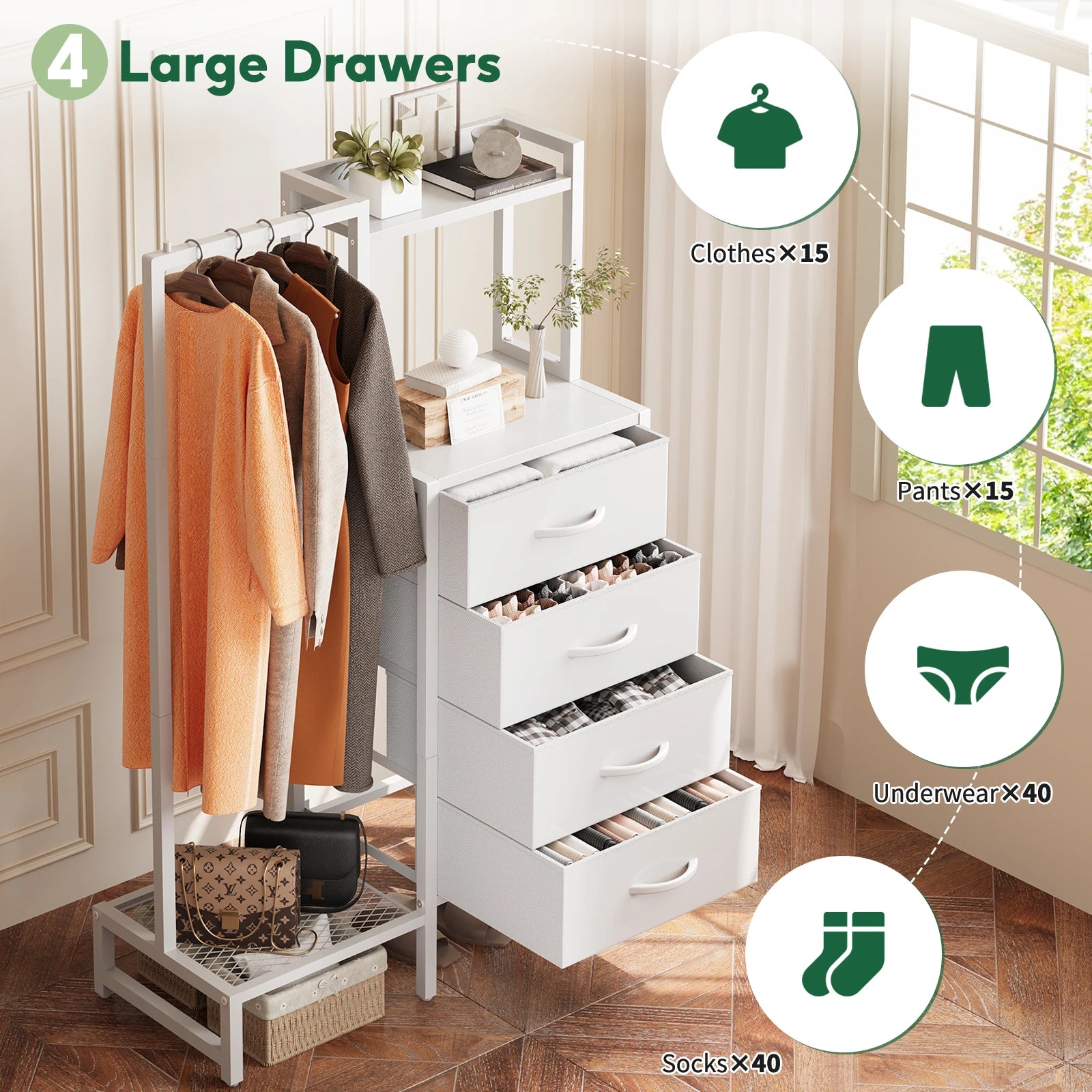 Yoob Small Dresser with Hanging Rack - Small Closet with 4 Fabric Storage Drawers, Chest of Drawer for Bedroom Entryway Dorm