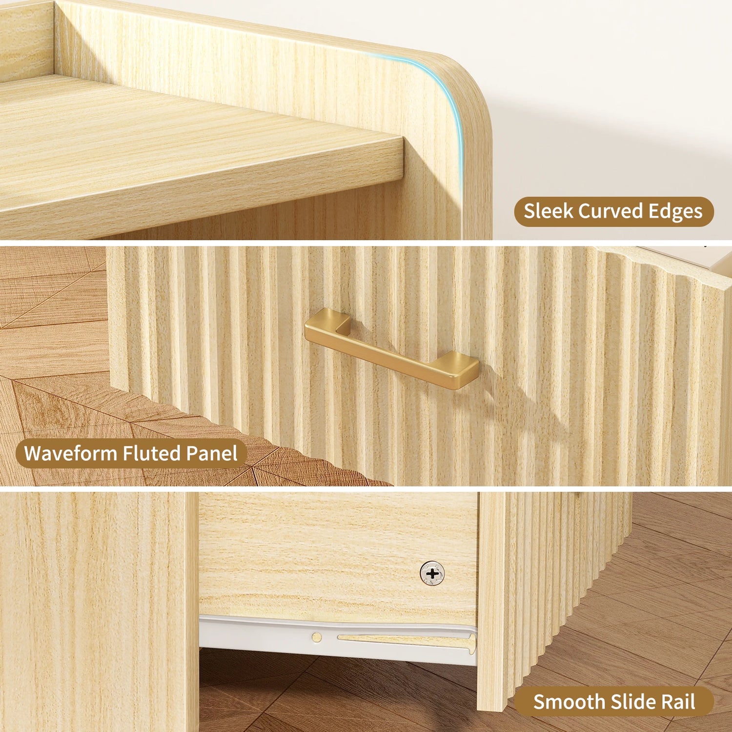 Fluted Nightstand with Charging Station,Wood Bedside Table Night Stand with Drawer and Open Shelf,Modern End Side Table for Bedroom Living Room