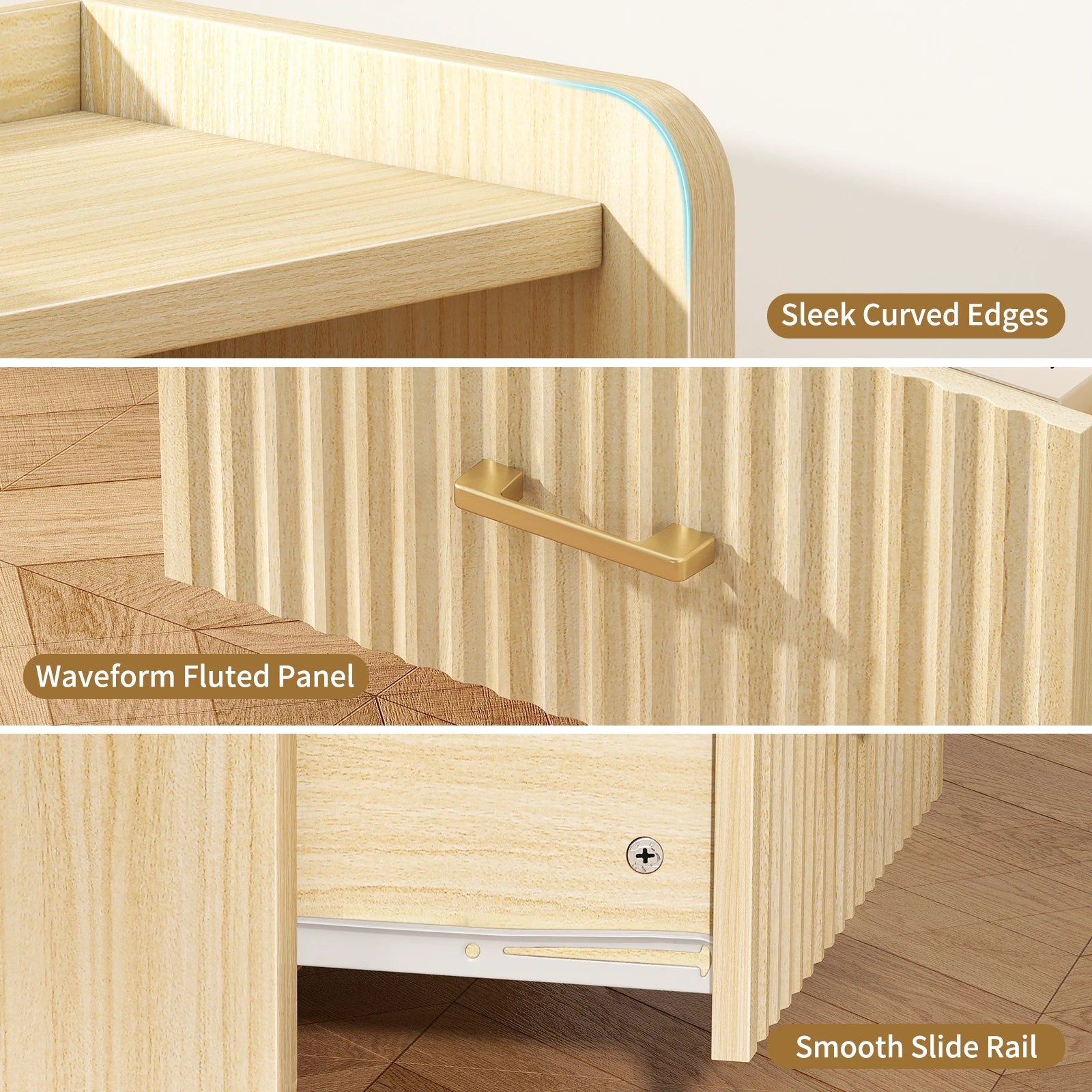 Fluted Nightstand with Charging Station,Wood Bedside Table Night Stand with Drawer and Open Shelf,Modern End Side Table for Bedroom Living Room