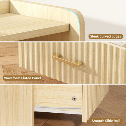 Fluted Nightstand with Charging Station,Wood Bedside Table Night Stand with Drawer and Open Shelf,Modern End Side Table for Bedroom Living Room