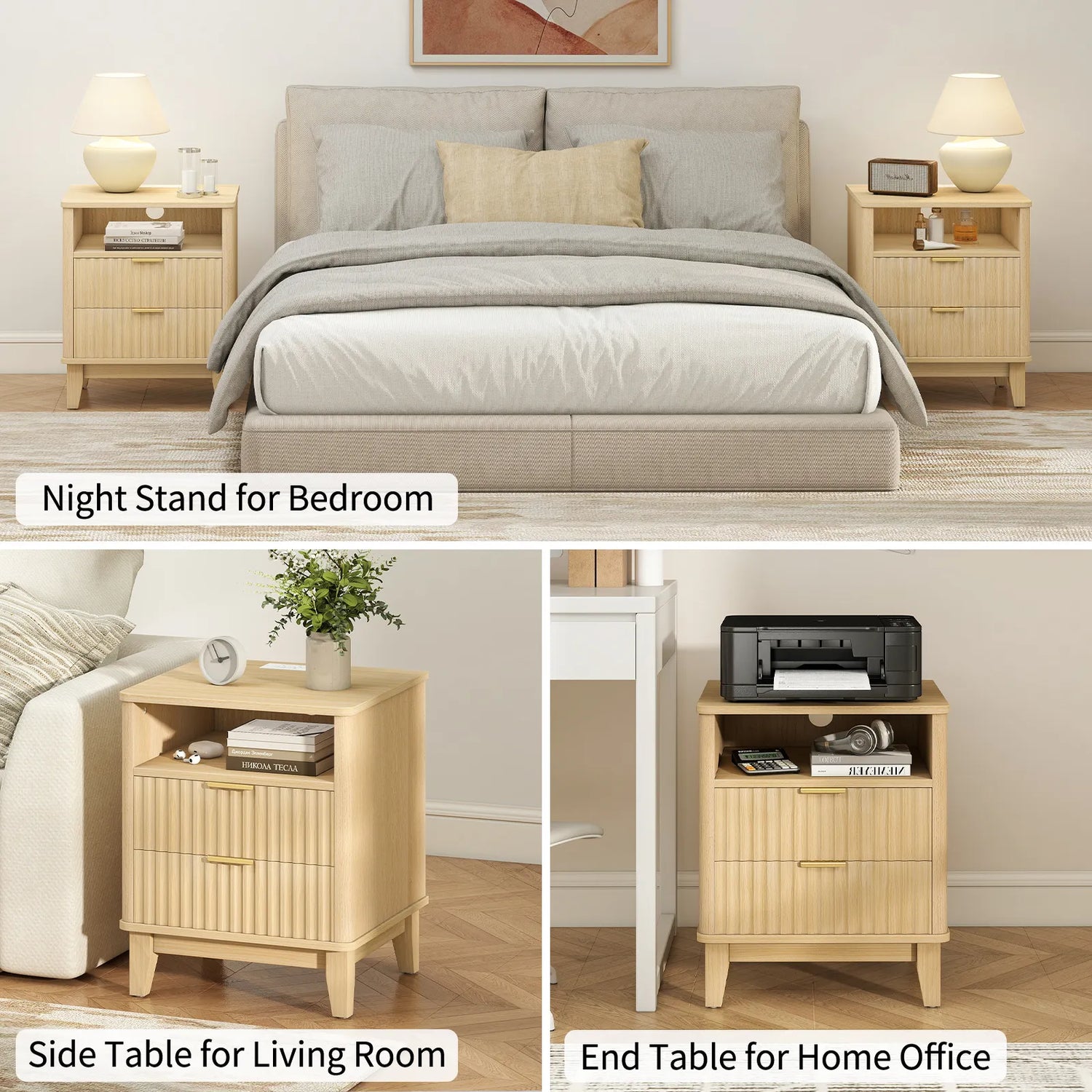 Night Stand with Charger Station, Fluted Nightstand with 2 Drawers and Storage Shelf, Mid Century Modern End Table for Bedroom Living Room