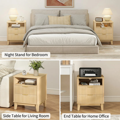 Night Stand with Charger Station, Fluted Nightstand with 2 Drawers and Storage Shelf, Mid Century Modern End Table for Bedroom Living Room
