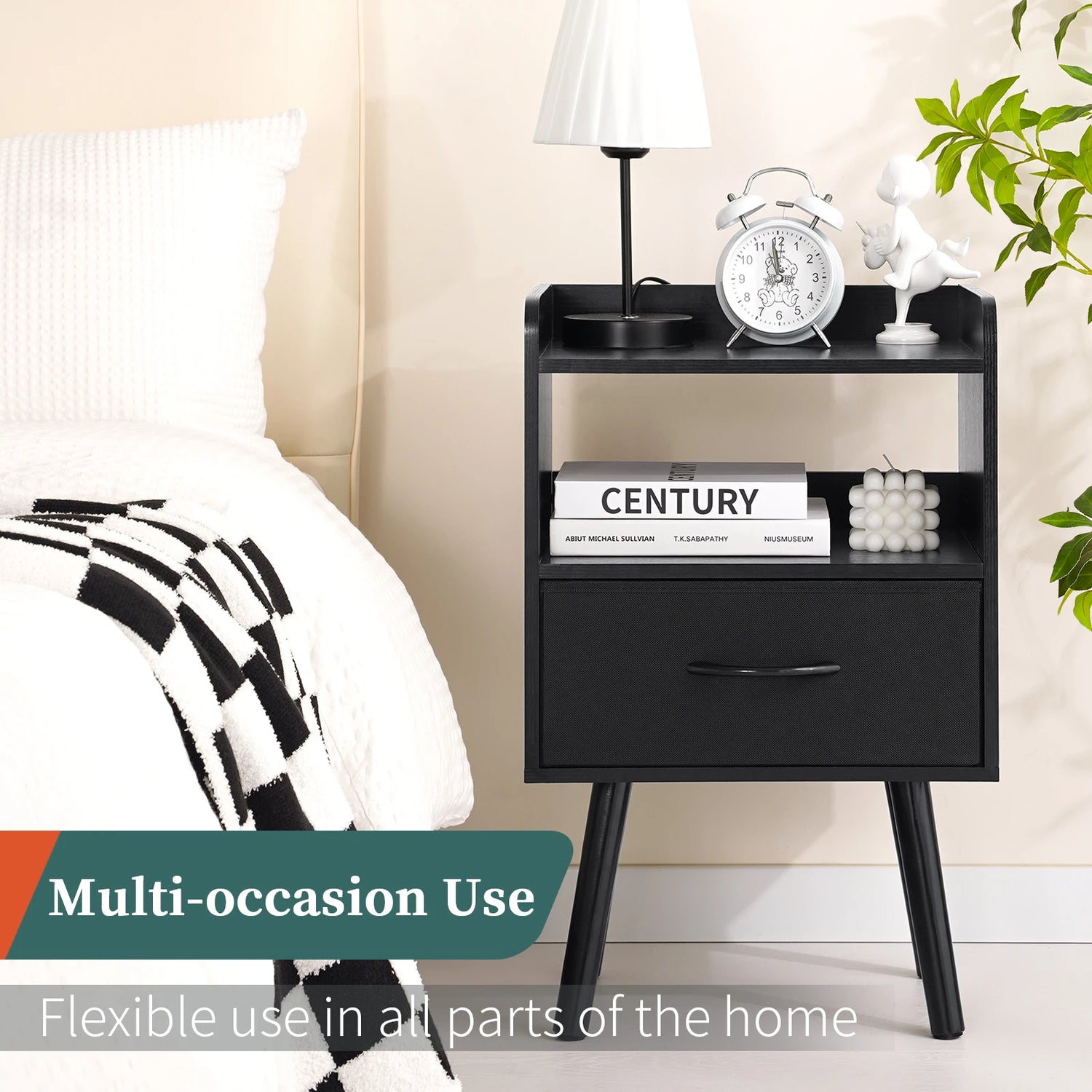 Yoob Night Stand with Fabric Drawer, Mid Century Modern Nightstand with Open Shelf, Wood Side Table Nightstands, 2-Tier Night Stands for Bedrooms
