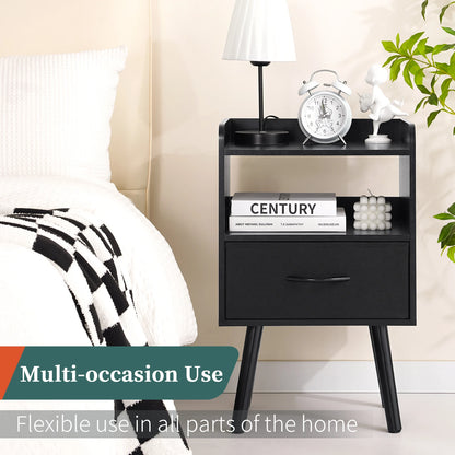 Yoob Night Stand with Fabric Drawer, Mid Century Modern Nightstand with Open Shelf, Wood Side Table Nightstands, 2-Tier Night Stands for Bedrooms