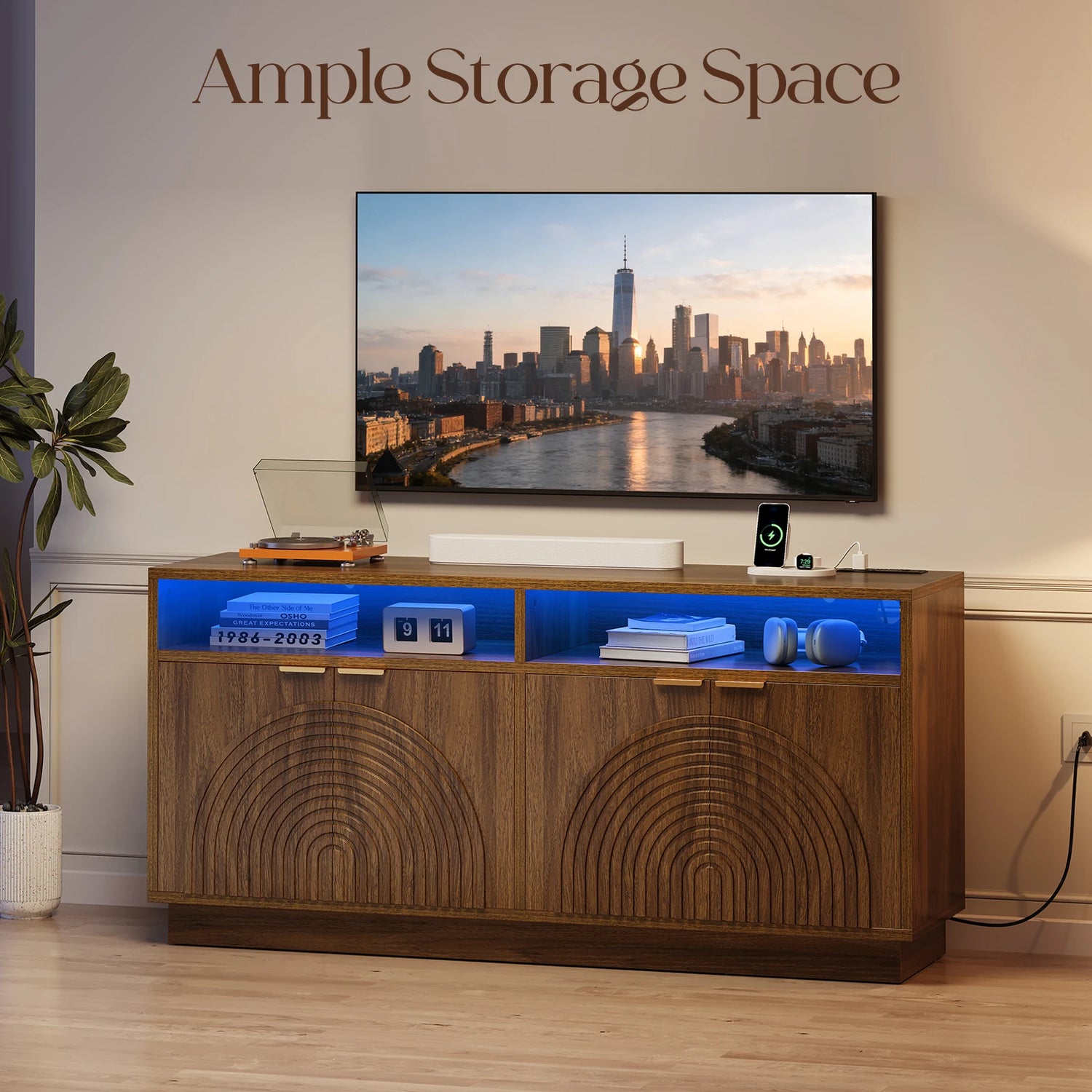 CURLA 58" Fluted TV Stand with Power Outlet, LED TV Stands with Storage &amp; Adjustable Shelf, Entertainment Center  for Living Room, Mid Century