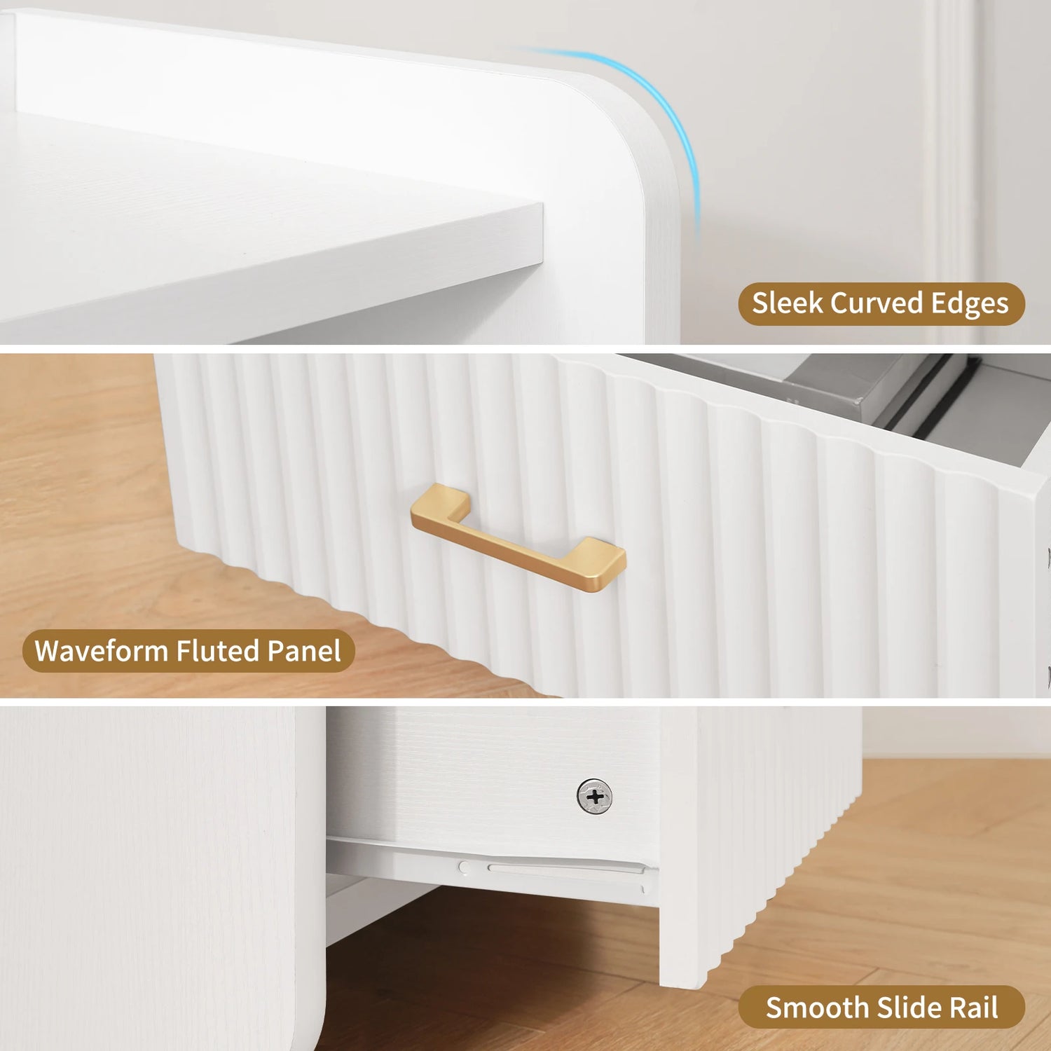 Fluted Nightstand with Charging Station,Wood Bedside Table Night Stand with Drawer and Open Shelf,Modern End Side Table for Bedroom Living Room