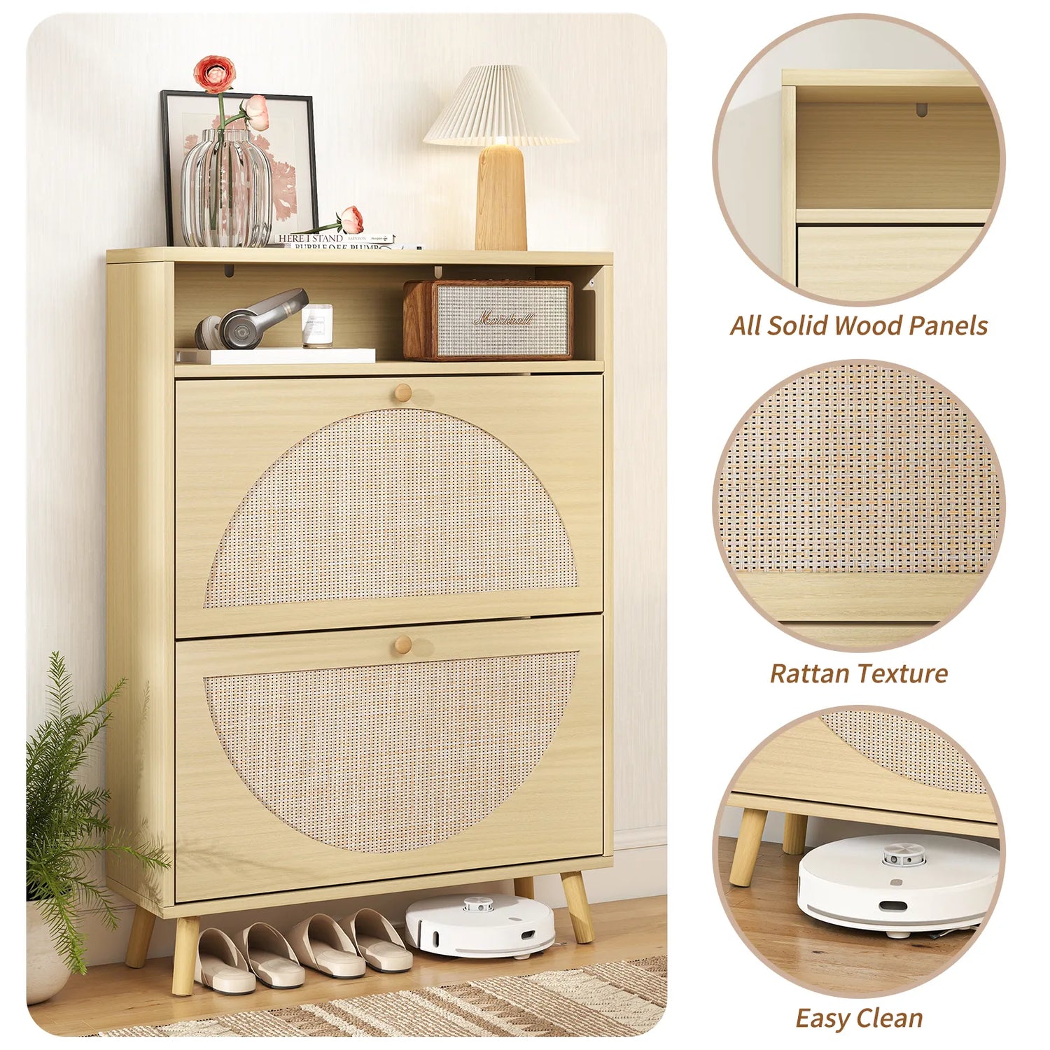 Rattan Shoe Cabinet with 2 Flip Drawers, Narrow Shoe Storage Cabinet with Adjustable Shelves, Wood Shoe Cabinet Storage for Entryway, Hallway