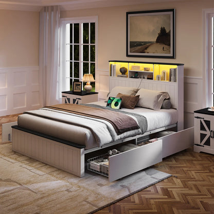 Full Size Bed Frame with Headboard, Farmhouse Wood Full Bed Frame with 4 Storage Drawers, Platform Beds with Charging Station &amp; LED Light