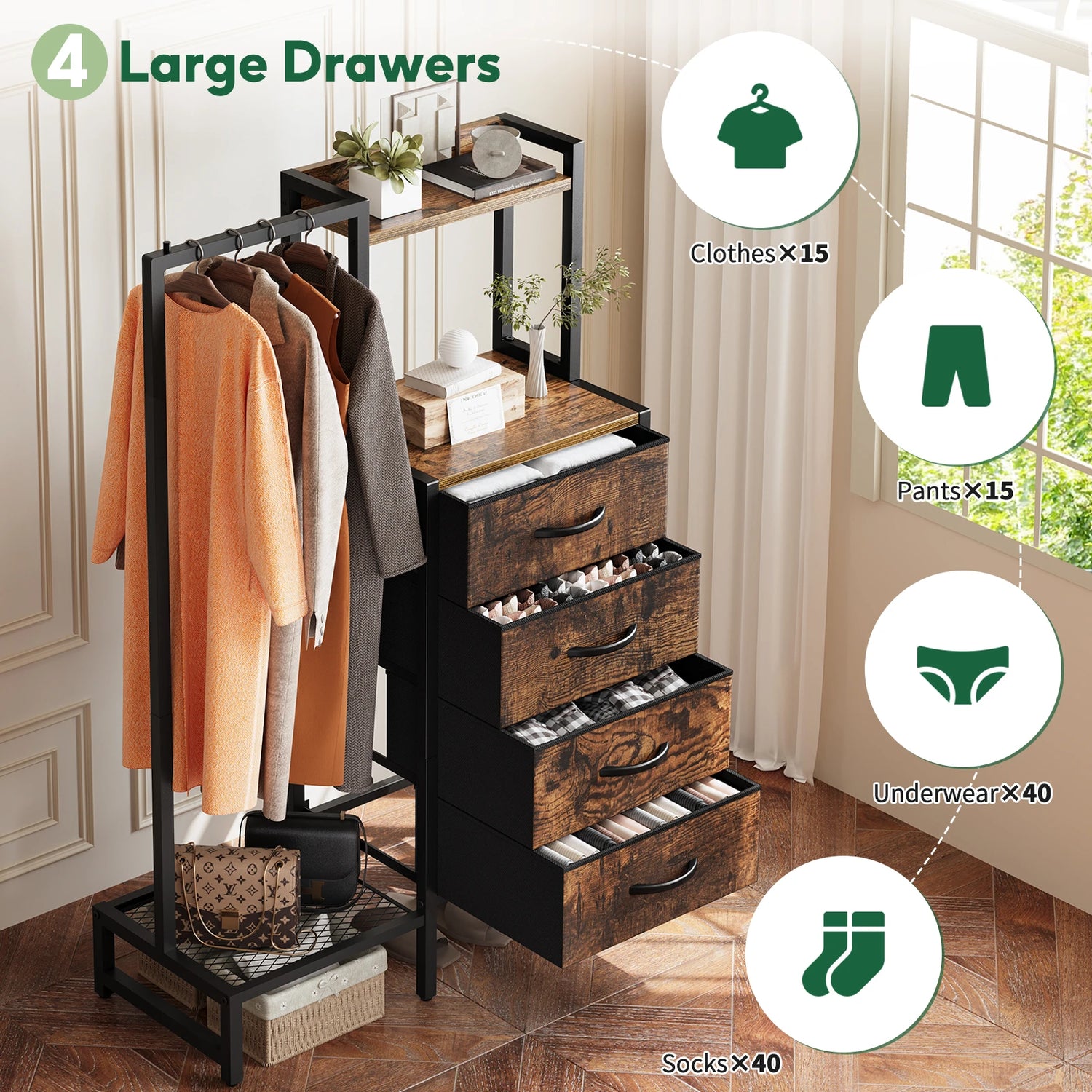 Yoob Small Dresser with Hanging Rack - Small Closet with 4 Fabric Storage Drawers, Chest of Drawer for Bedroom Entryway Dorm