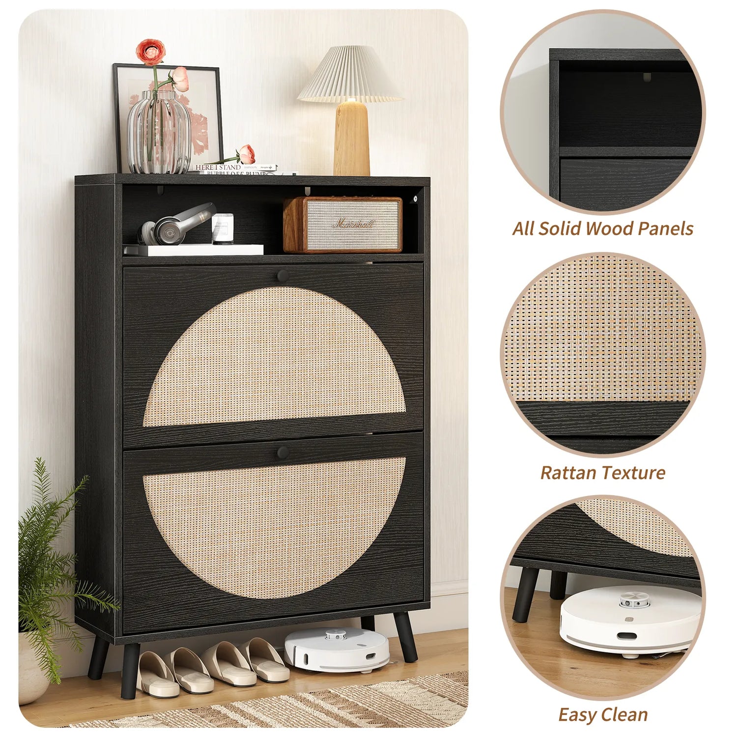 Rattan Shoe Cabinet with 2 Flip Drawers, Narrow Shoe Storage Cabinet with Adjustable Shelves, Wood Shoe Cabinet Storage for Entryway, Hallway