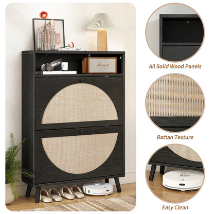 Rattan Shoe Cabinet with 2 Flip Drawers, Narrow Shoe Storage Cabinet with Adjustable Shelves, Wood Shoe Cabinet Storage for Entryway, Hallway