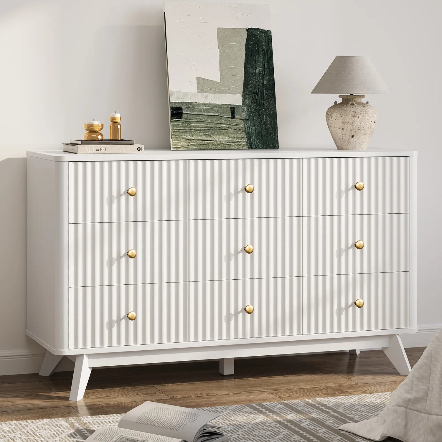9 Drawer Dresser for Bedroom, Fluted White Dresser for Storage, 52.8" Wood Dressers &amp; Chests of Drawers for Closet, Living Room, Entryway
