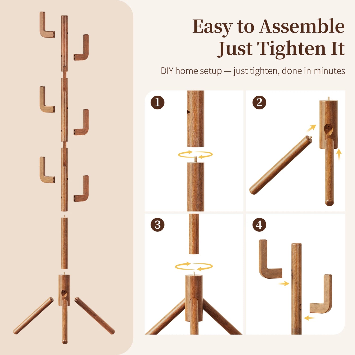 Maliowa Solid Wood Coat Rack Freestanding, Cactus Coat Tree with 8 Hooks for Jacket, Hat, Clothes, Coat Hanger Stand for Hall, Entryway, Bedroom