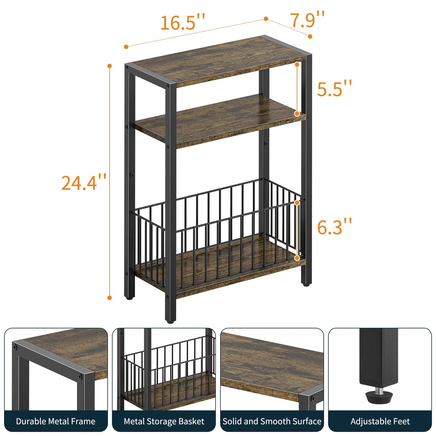 Yoob Narrow Side Table with Storage Basket, Small End Table for Small Spaces, Skinny End Tables Living Room Bedroom Office, 3 Tier Slim Nightstand
