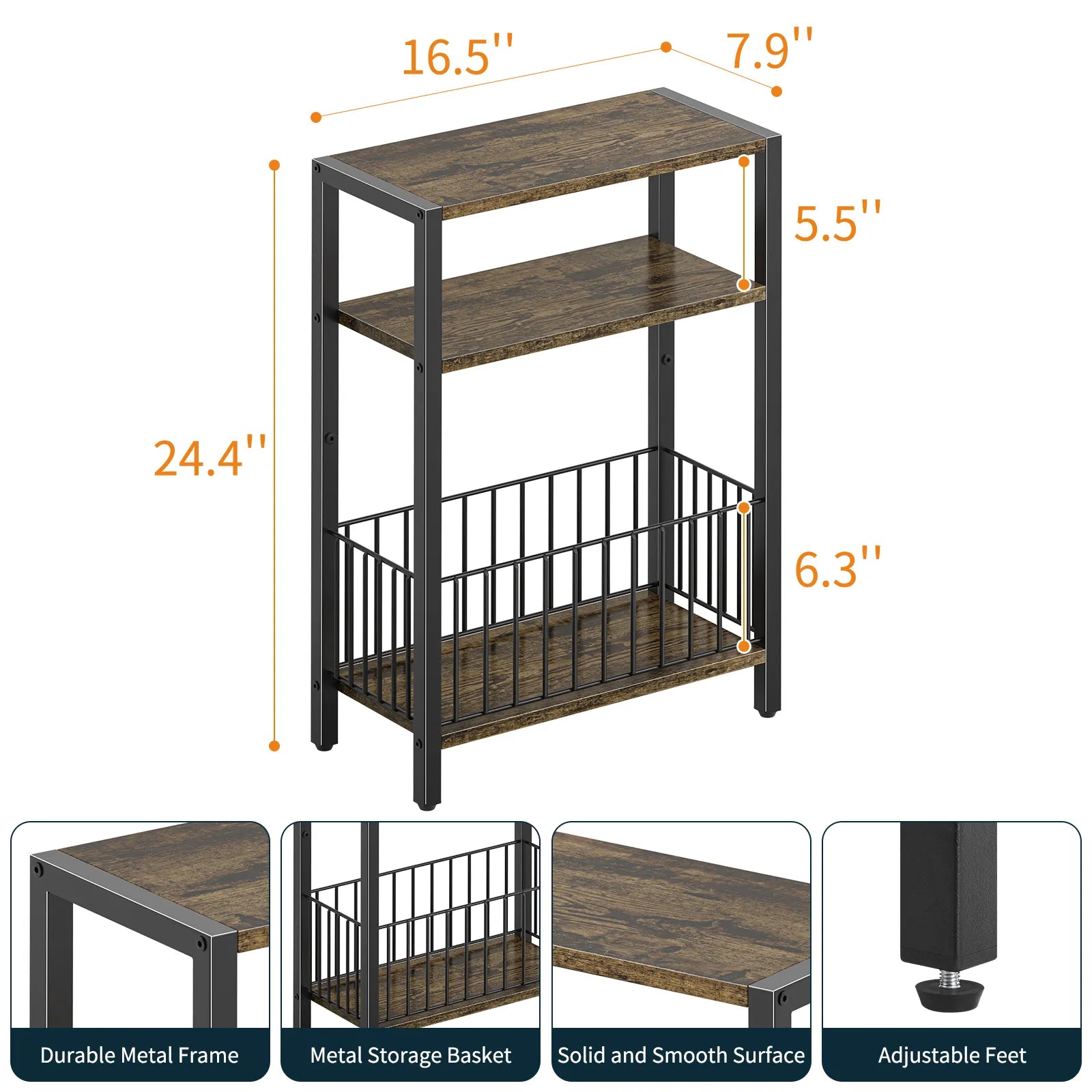 Yoob Narrow Side Table with Storage Basket, Small End Table for Small Spaces, Skinny End Tables Living Room Bedroom Office, 3 Tier Slim Nightstand