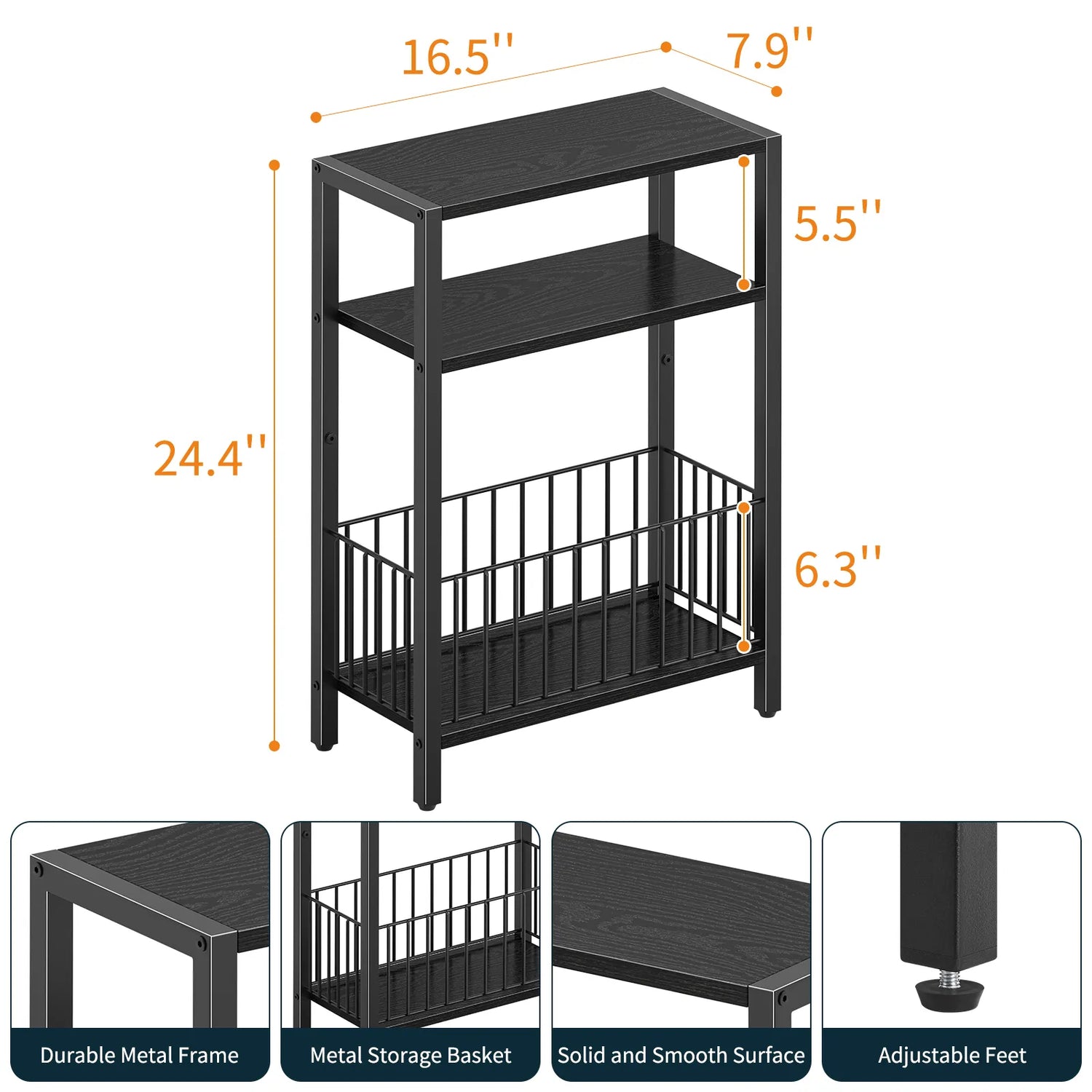 Yoob Narrow Side Table with Storage Basket, Small End Table for Small Spaces, Skinny End Tables Living Room Bedroom Office, 3 Tier Slim Nightstand