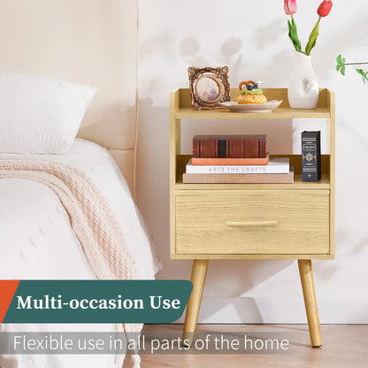Yoob Night Stand with Fabric Drawer, Mid Century Modern Nightstand with Open Shelf, Wood Side Table Nightstands, 2-Tier Night Stands for Bedrooms