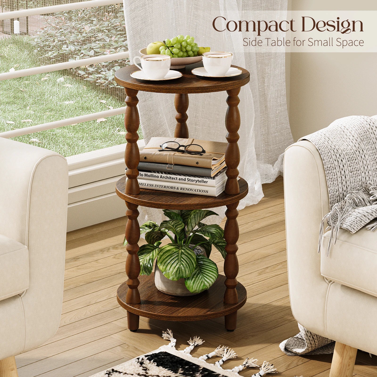 Maliowa 3-Tier Side Table, Small Round End Table for Living Room Bedroom, Accent Table Narrow Nightstand with Storage Shelf