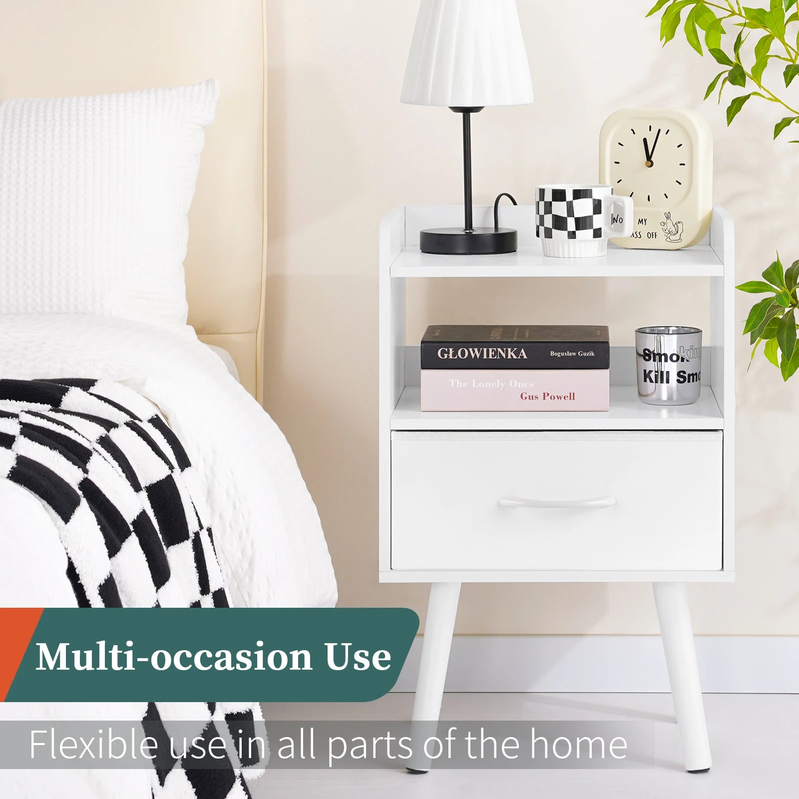 Yoob Night Stand with Fabric Drawer, Mid Century Modern Nightstand with Open Shelf, Wood Side Table Nightstands, 2-Tier Night Stands for Bedrooms