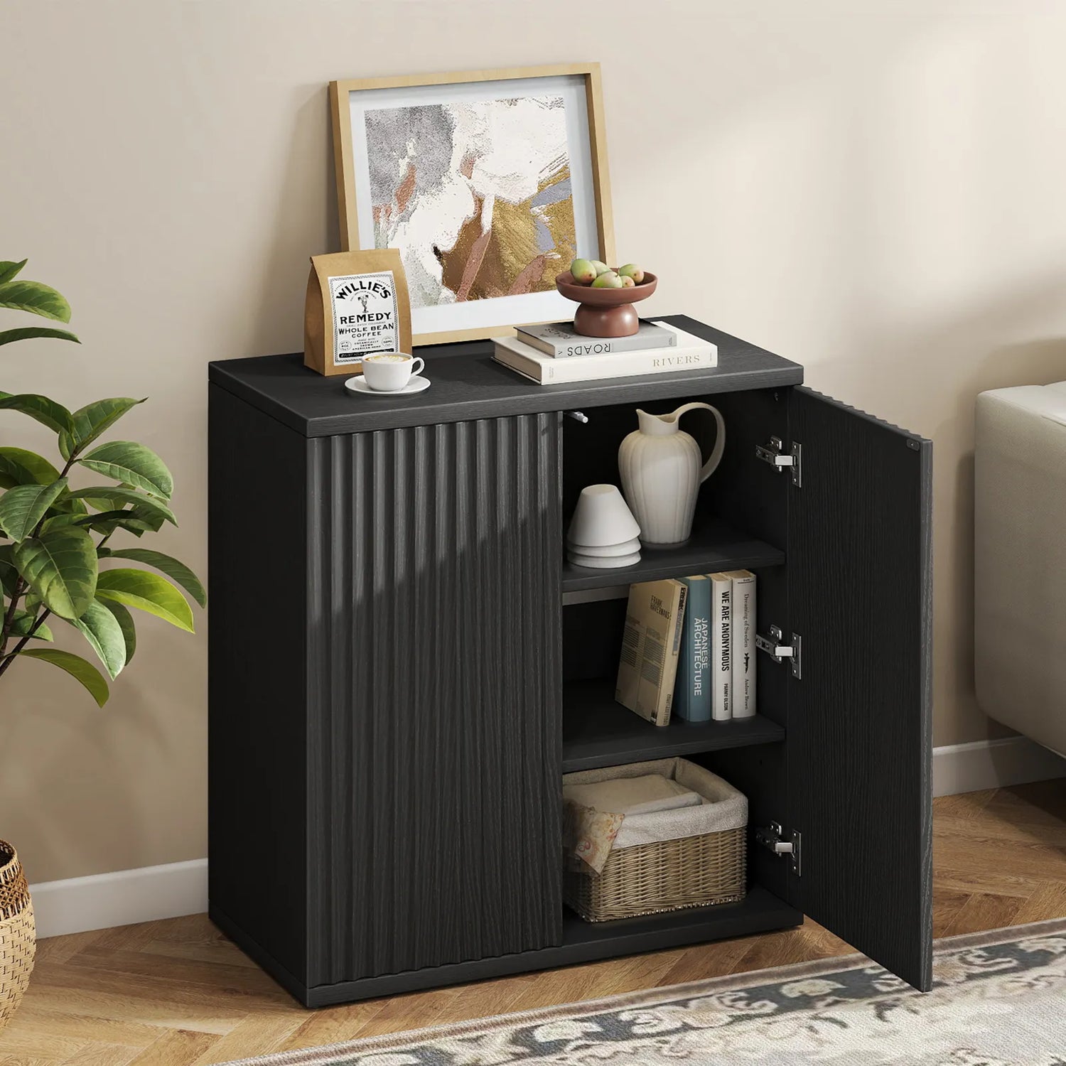 CURLA Set of 2 Fluted Sideboard Buffet Cabinet with Storage, Wood Sideboard Cabinet with Doors, Small Credenza Accent Cabinet for Kitchen, Dining Room
