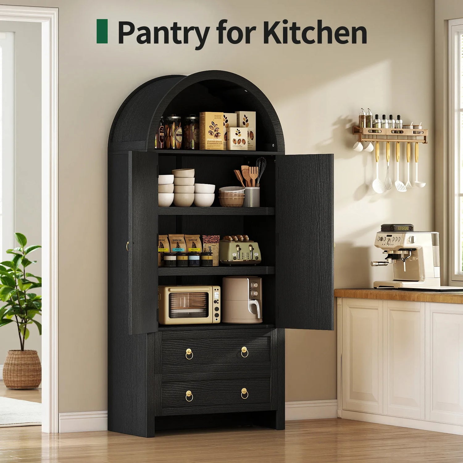 71" Tall Arched Kitchen Pantry Storage Cabinet, Food Pantry Cabinet Bookshelf with 2 Drawers, Wood Storage Cabinets with Door for Dining Room, Living Room