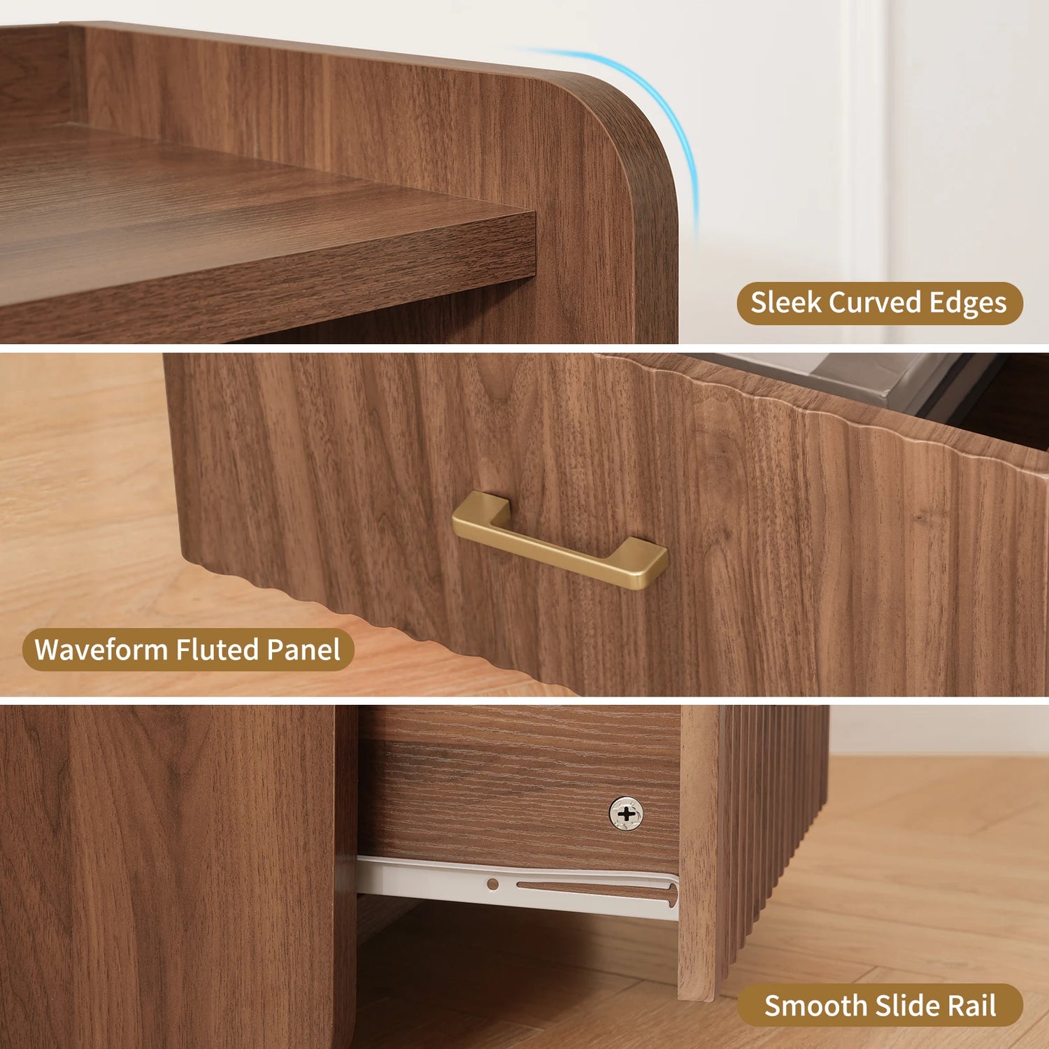 Fluted Nightstand with Charging Station,Wood Bedside Table Night Stand with Drawer and Open Shelf,Modern End Side Table for Bedroom Living Room