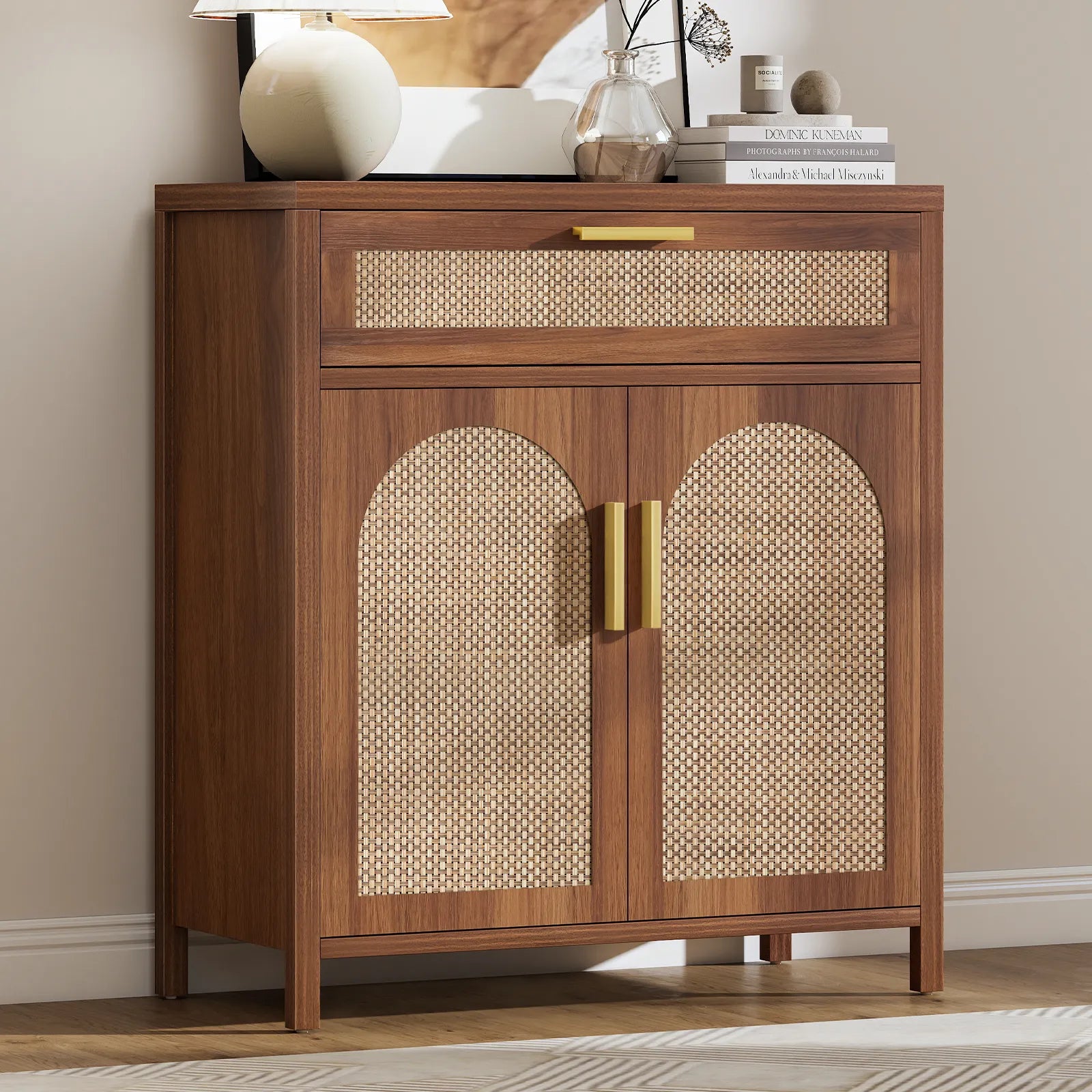 Rattan Buffet Cabinet with Storage, Sideboard Cabinet with Doors and Shelves, Accent Storage Cabinet with Drawers, Wood Coffee Bar for Kitchen