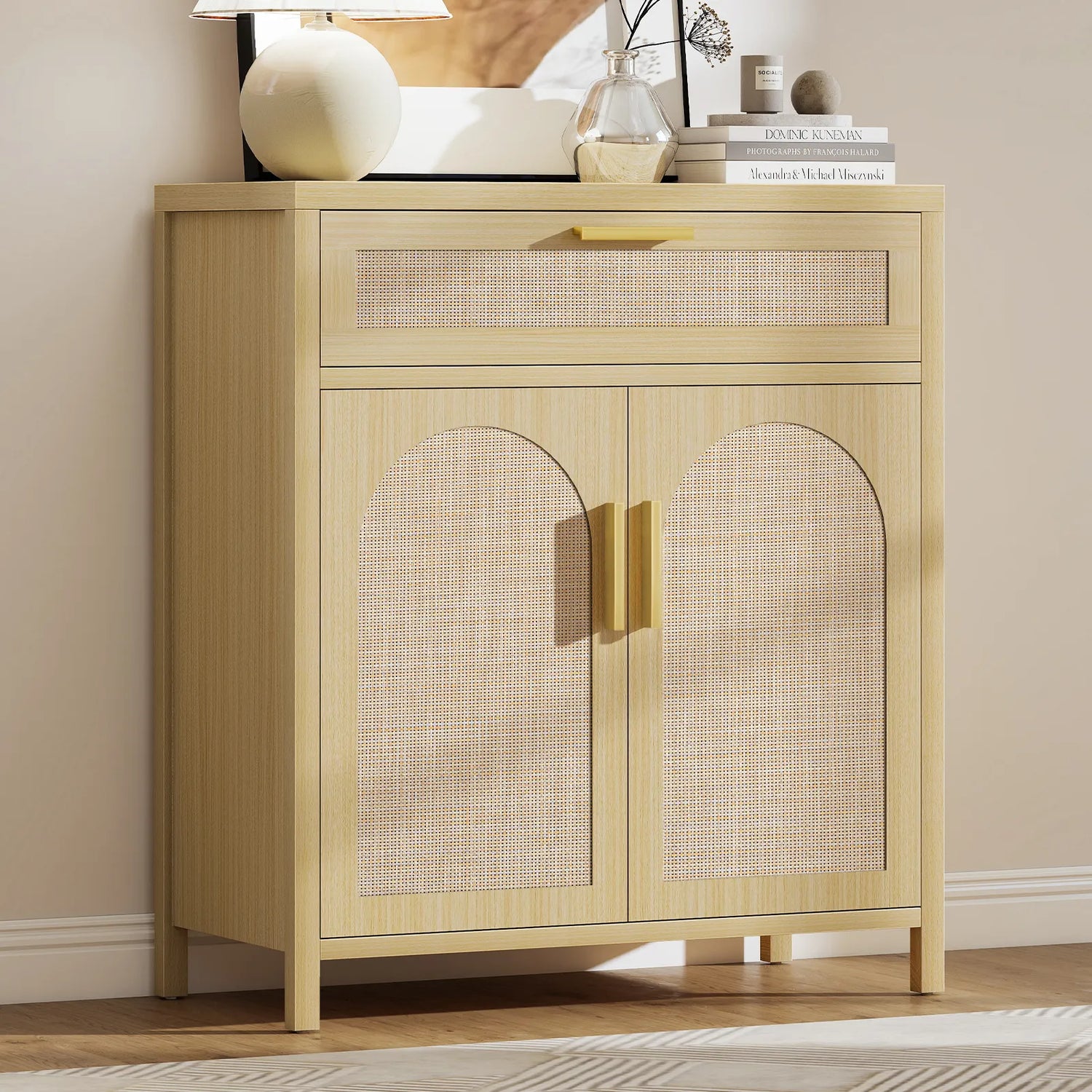 Rattan Buffet Cabinet with Storage, Sideboard Cabinet with Doors and Shelves, Accent Storage Cabinet with Drawers, Wood Coffee Bar for Kitchen