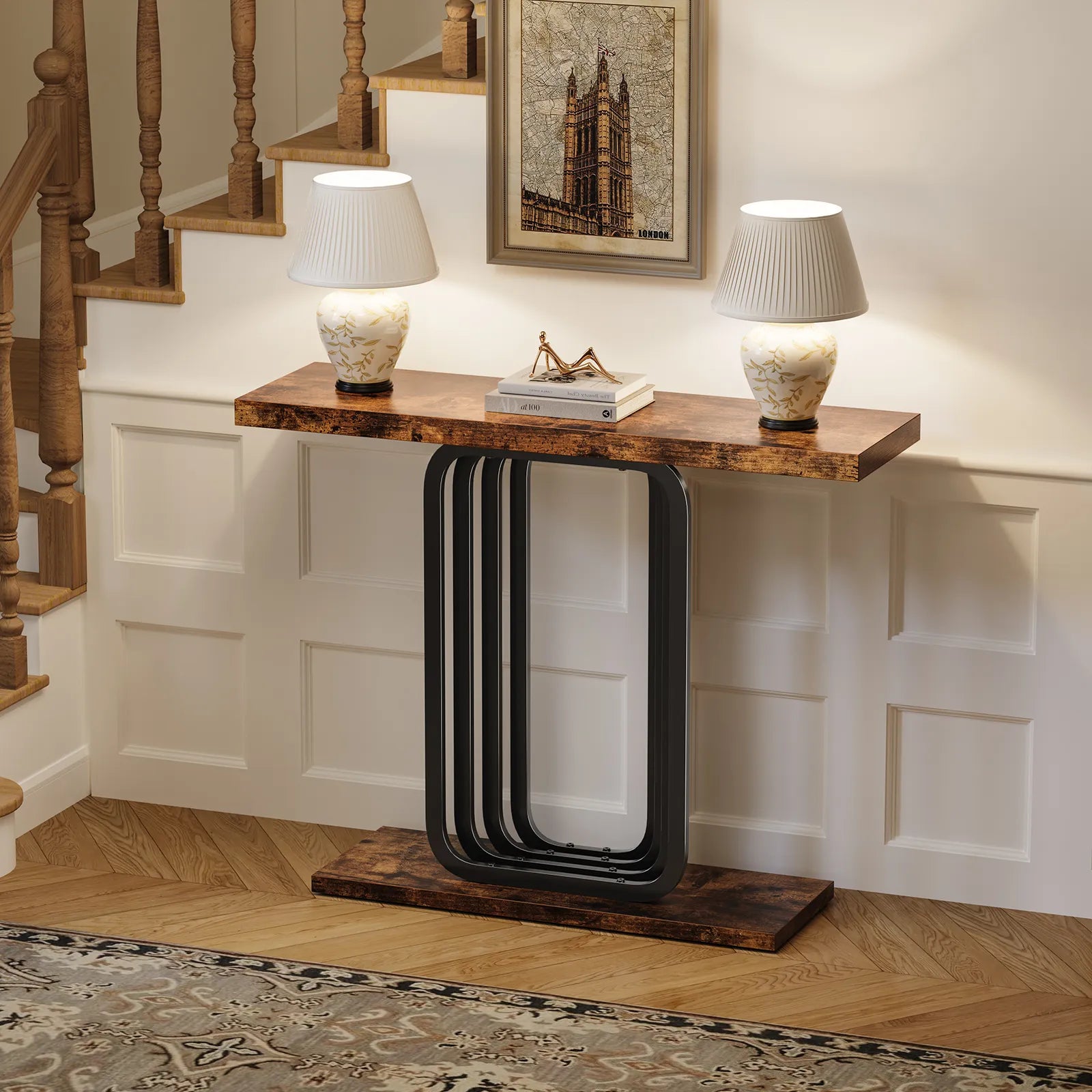 Narrow Console Table with Outlet, Industrial Entryway Table with Unique Base, Small Sofa Table, behind couch table for Entry Way Living Room,Brown