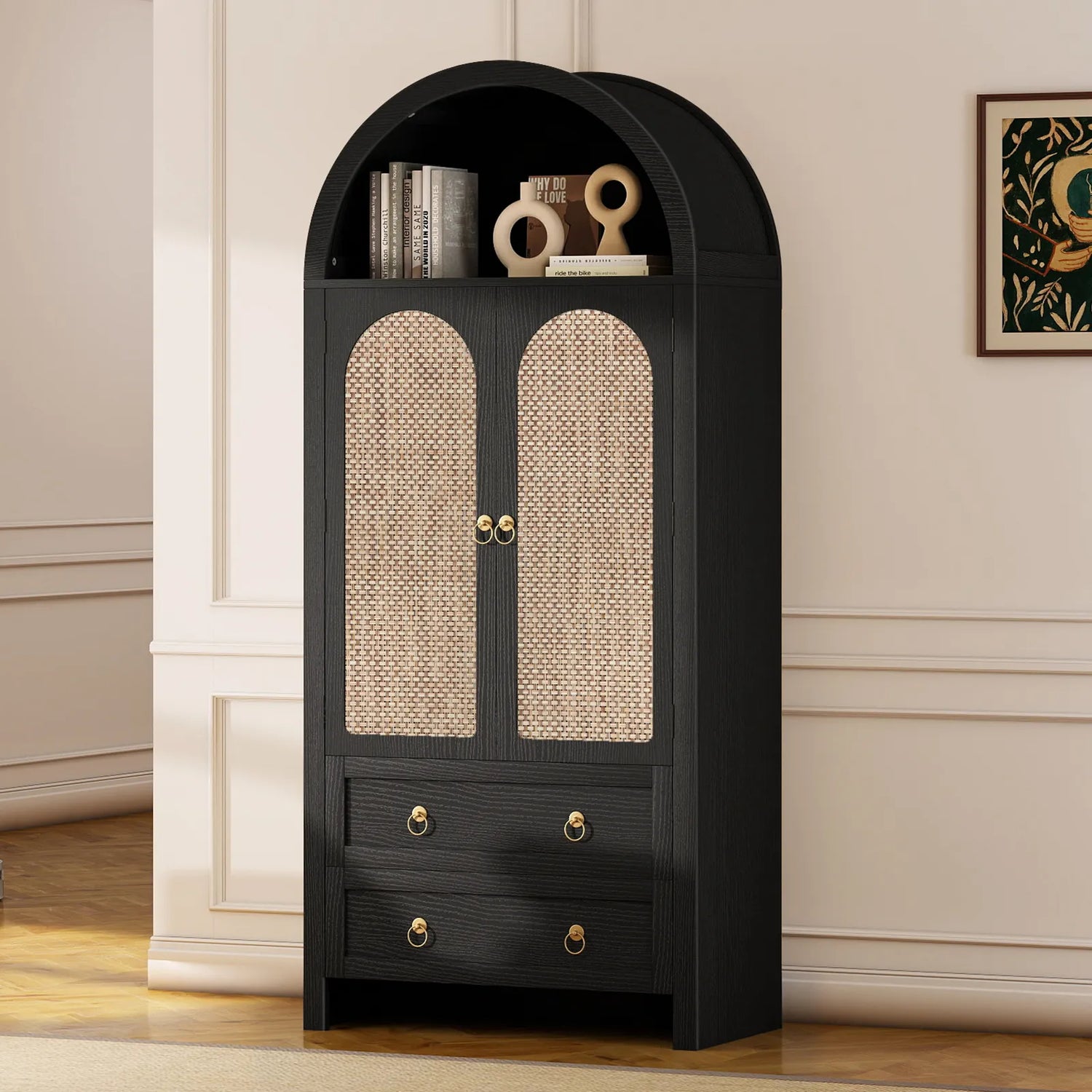71" Tall Arched Kitchen Pantry Storage Cabinet, Food Pantry Cabinet Bookshelf with 2 Drawers, Wood Storage Cabinets with Door for Dining Room, Living Room