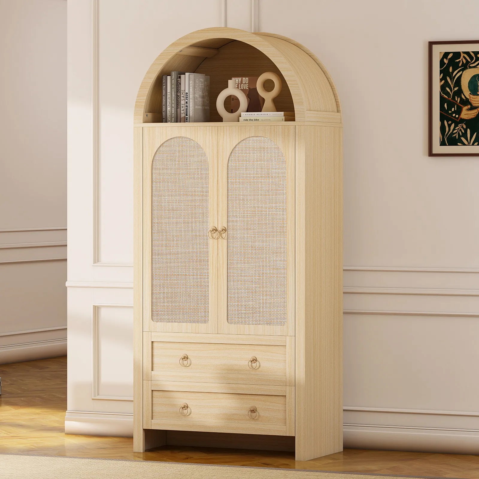 71" Tall Arched Kitchen Pantry Storage Cabinet, Food Pantry Cabinet Bookshelf with 2 Drawers, Wood Storage Cabinets with Door for Dining Room, Living Room