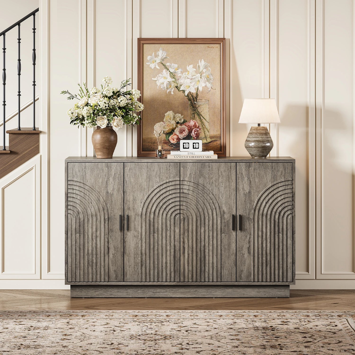 CURLA Fluted Sideboard Buffet Cabinet with Storage, 57" Coffee Bar Cabinet with 4 Doors &amp; Adjustable Shelf, Credenza for Kitchen Living Room
