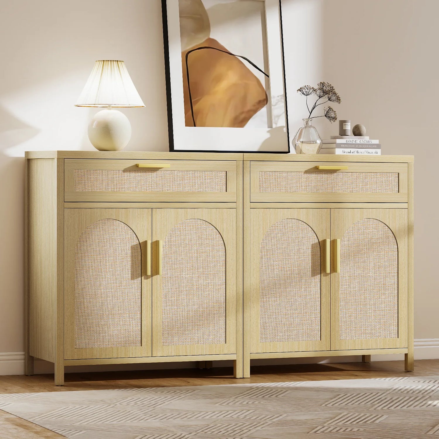 Rattan Buffet Cabinet with Storage, Sideboard Cabinet with Doors and Shelves, Accent Storage Cabinet with Drawers, Wood Coffee Bar for Kitchen