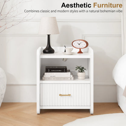 Fluted Nightstand with Charging Station,Wood Bedside Table Night Stand with Drawer and Open Shelf,Modern End Side Table for Bedroom Living Room