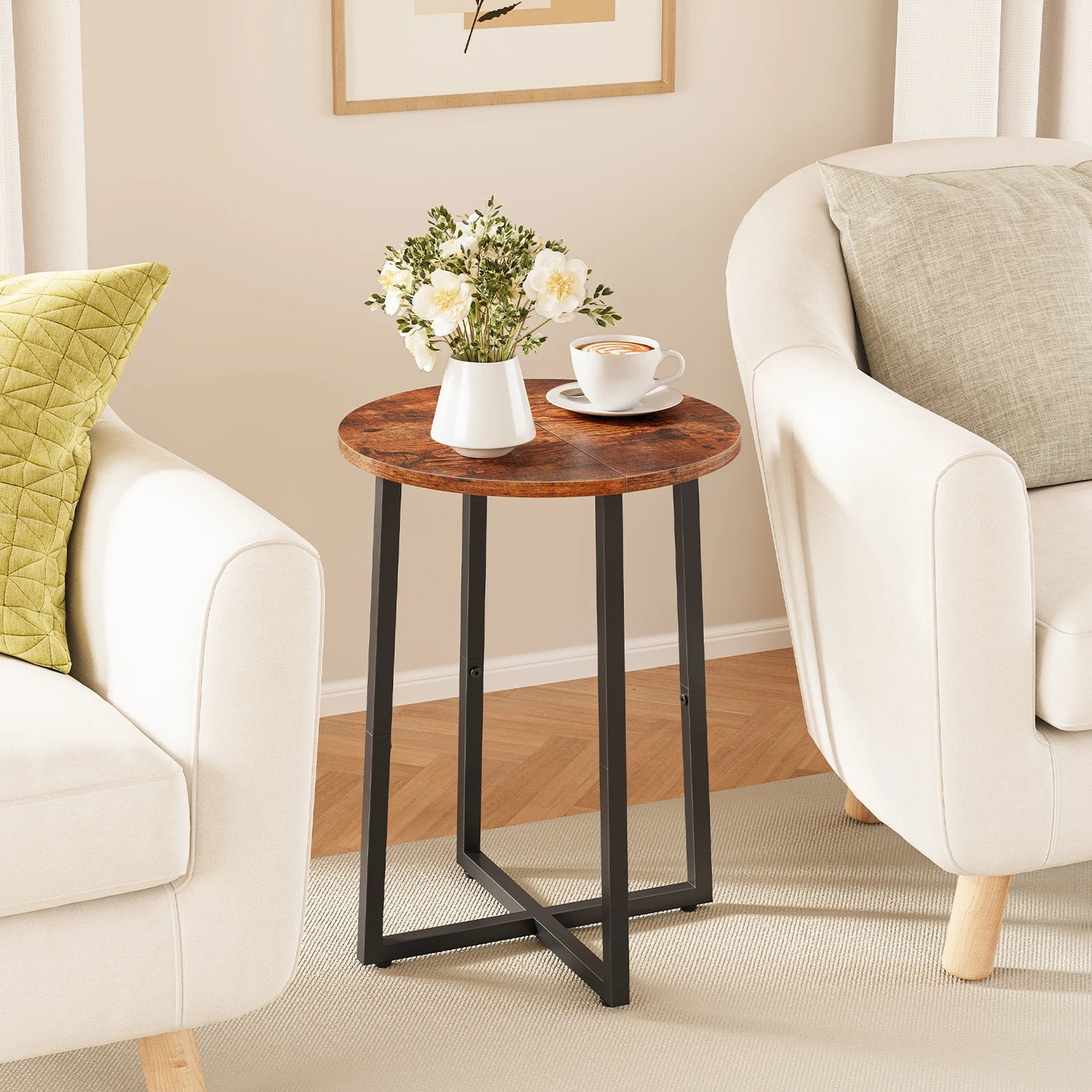 Round Side Table for Small Spaces, Small Table with Metal Legs,Accent End Tables for Living Room Bedroom,Reddish Brown