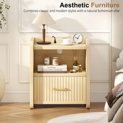 Fluted Nightstand with Charging Station,Wood Bedside Table Night Stand with Drawer and Open Shelf,Modern End Side Table for Bedroom Living Room