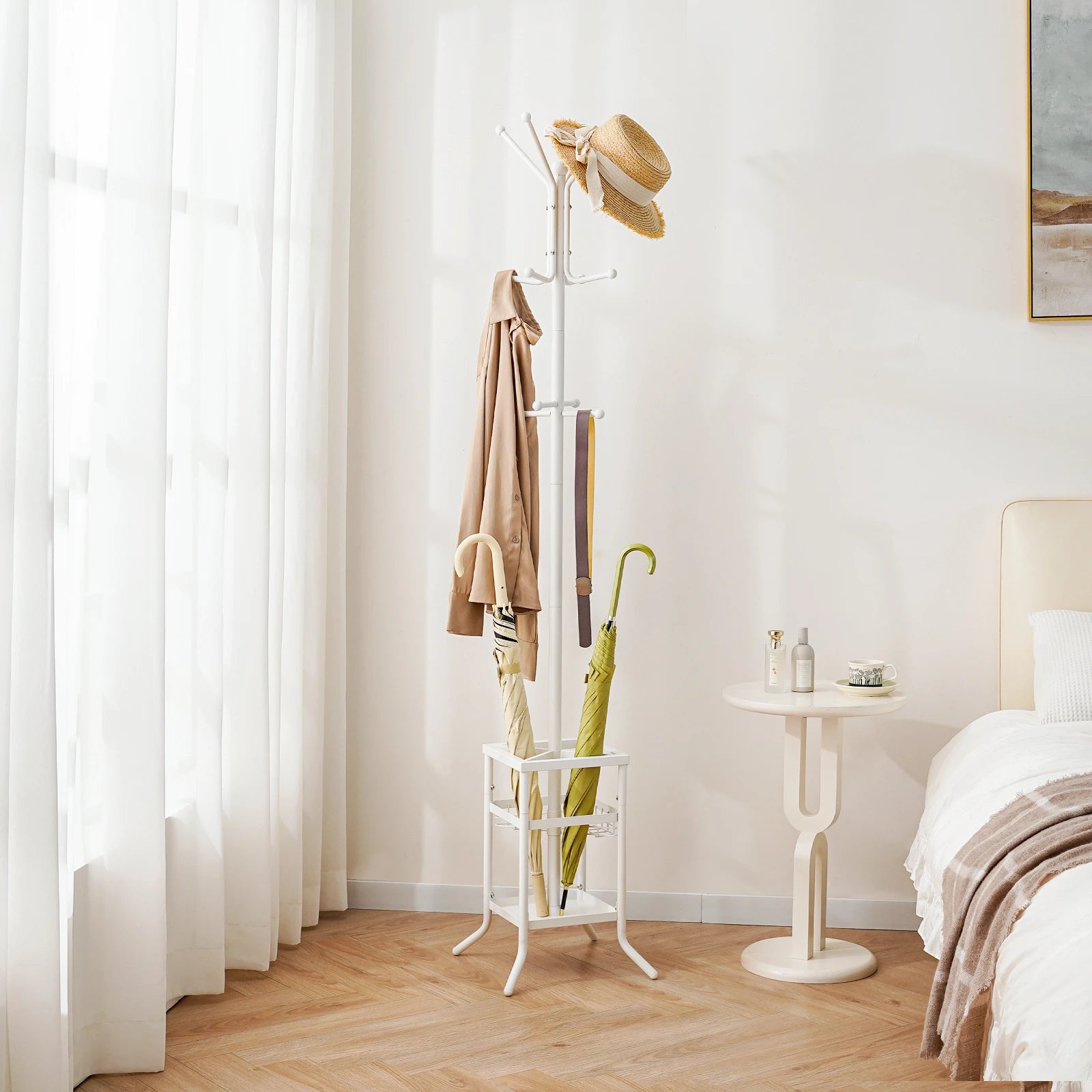 Coat Rack Freestanding, Coat Tree with Umbrella Holder, Metal Coat Rack Stand with 12 Hooks, Hall Tree Purse Rack for Entryway, Living Room