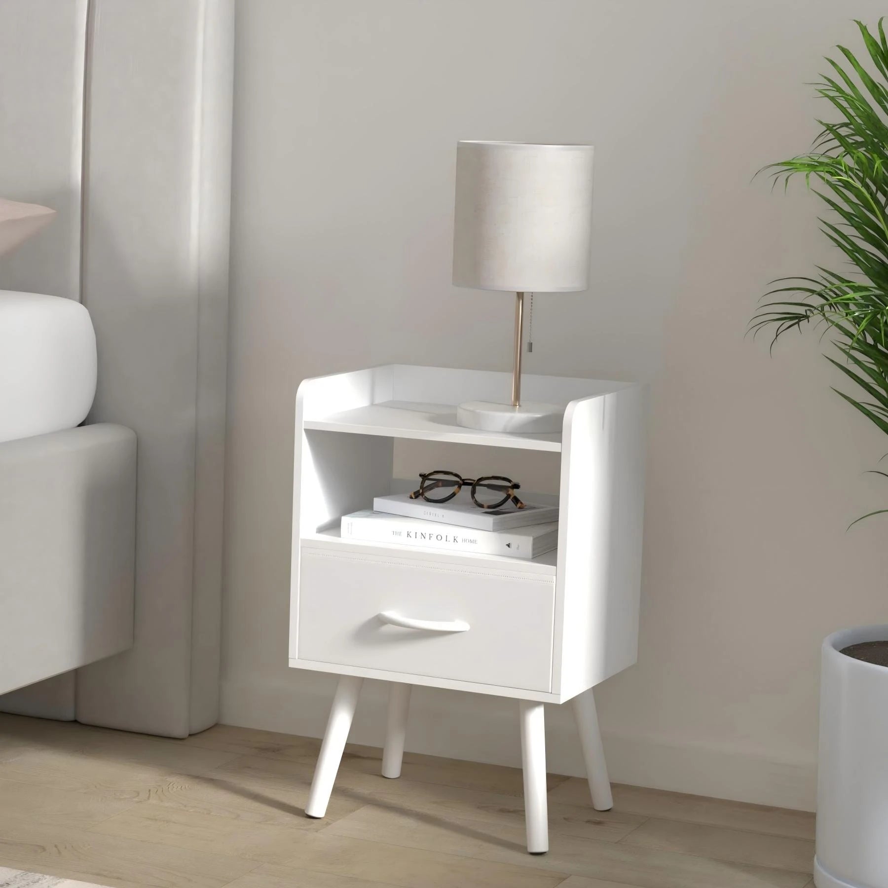 Yoob Night Stand with Fabric Drawer, Mid Century Modern Nightstand with Open Shelf, Wood Side Table Nightstands, 2-Tier Night Stands for Bedrooms