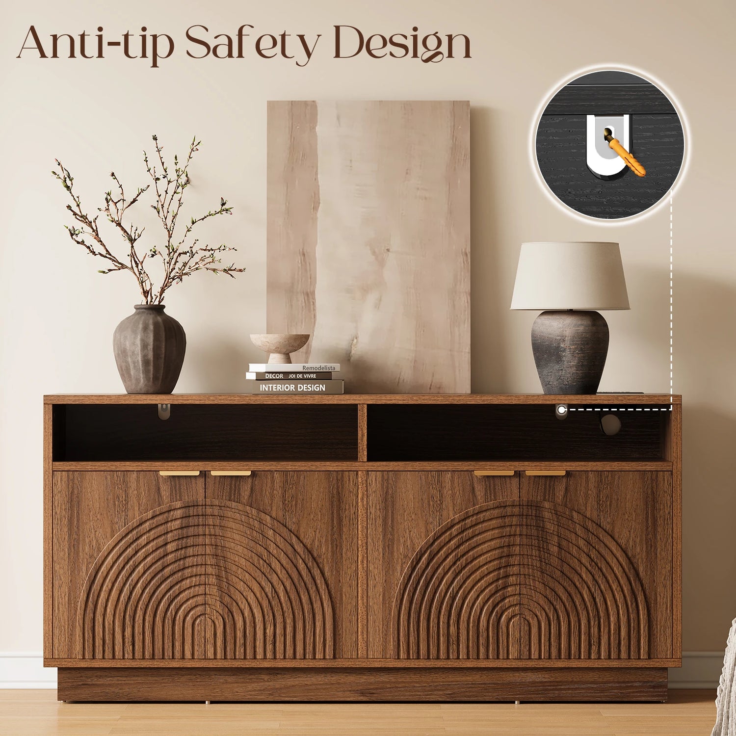 CURLA 58" Fluted TV Stand with Power Outlet, LED TV Stands with Storage &amp; Adjustable Shelf, Entertainment Center  for Living Room, Mid Century