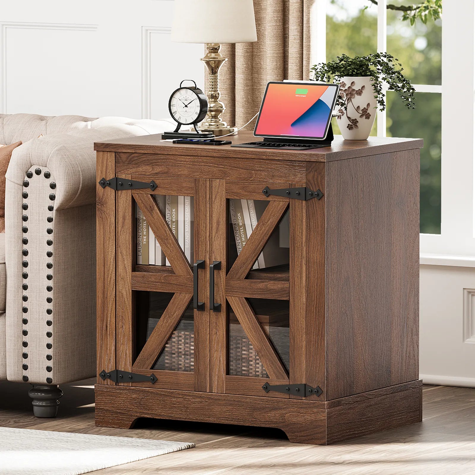 Curlaky Farmhouse Nightstand with Charging Station, Night Stand Side Table with Storage Cabinet, End Table with Adjustable Shelf, Side Tables Bedroom